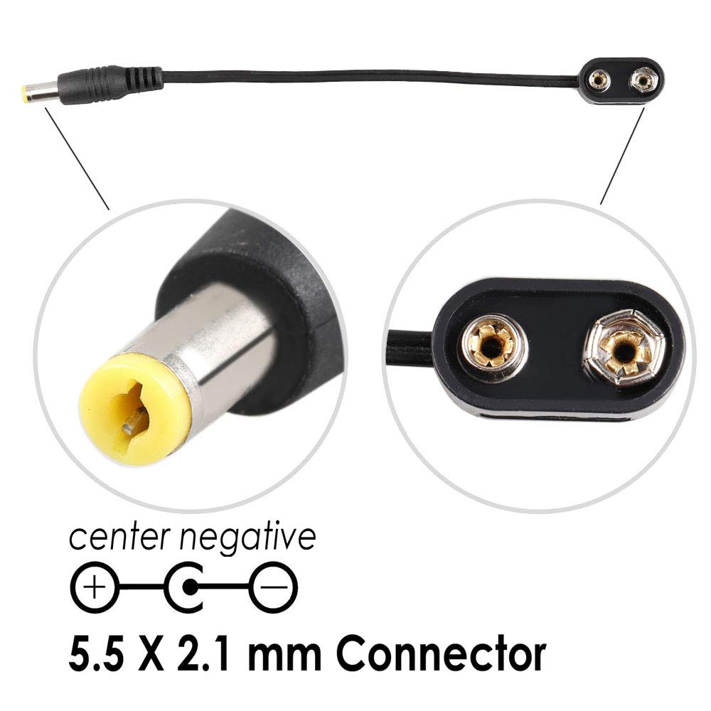Mr.Power 9V Battery Clip Converter Power Cable Snap Connector 2.1Mm 5.5Mm Plug For Guitar Effect Pedal (Straight Angle, 2 Cable)