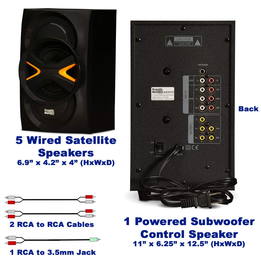 Acoustic Audio By Goldwood 5.1 Speaker System 5.1 Channel With Led Lights And Bluetooth Home Theater Speaker System, Black (Aa52