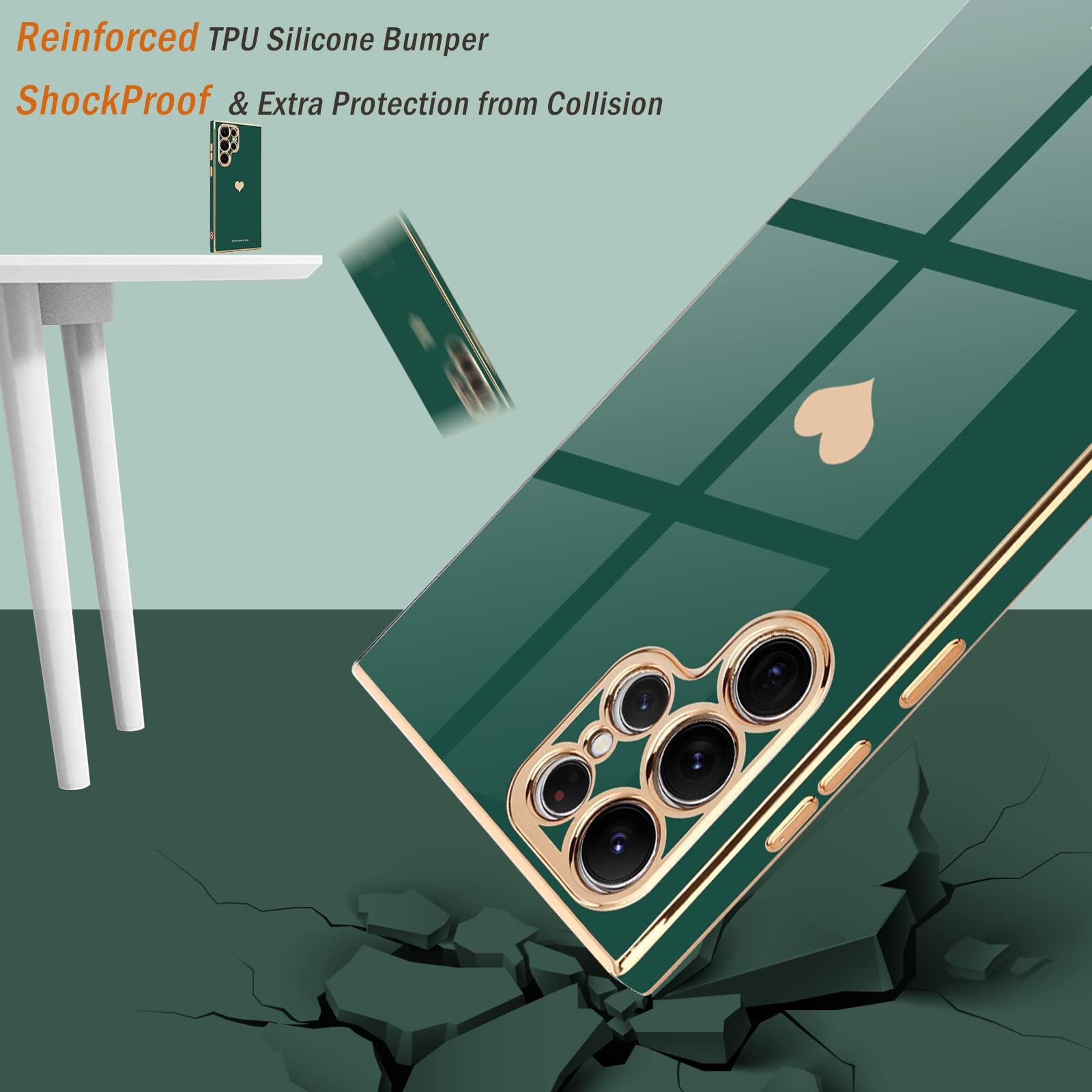 Teageo For Samsung Galaxy S22 Ultra 5G Case For Women Girl Cute Love Heart Luxury Soft Back Cover Raised Full Camera Protection