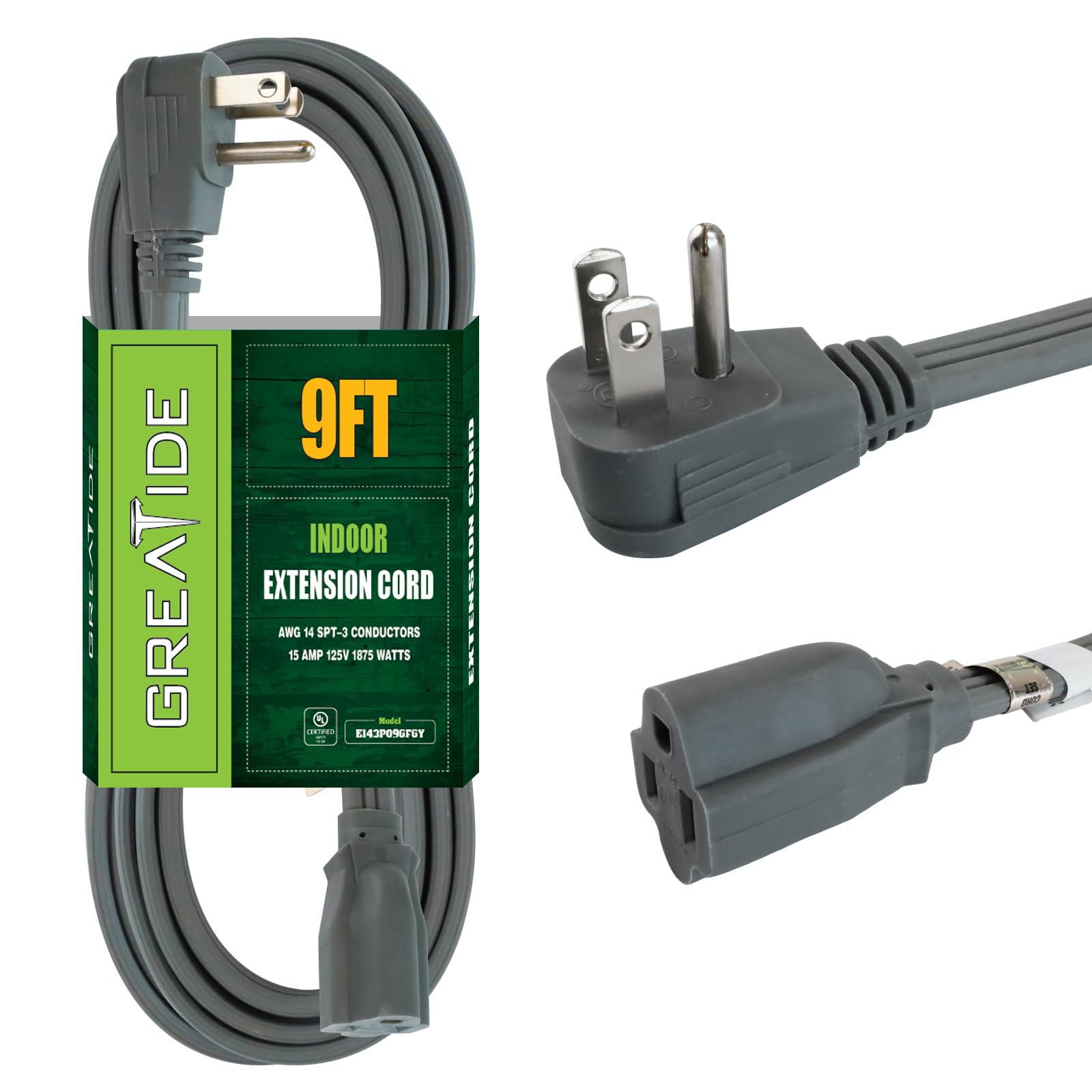 Greatide 9 Ft Heavy Duty Extension Cord Wire, 14 Gauge 3 Prong Spt 3 Extension Cord, 3 Pronged Cord For Air Conditioner Refriger