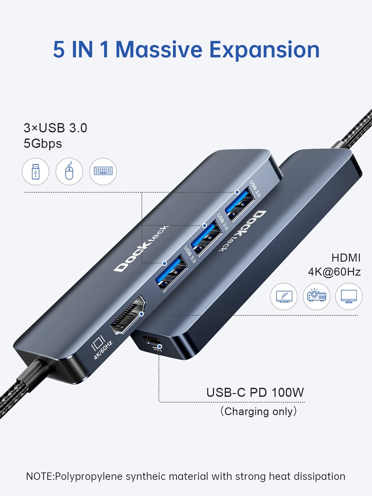 Usb C Hub Hdmi 4K 60Hz, Usb C Adapter Multiport With 100W Pd, Hdmi,3 Usb 3.0 Data Ports, Dockteck 5 In 1 Usb C Dongle Dock For M