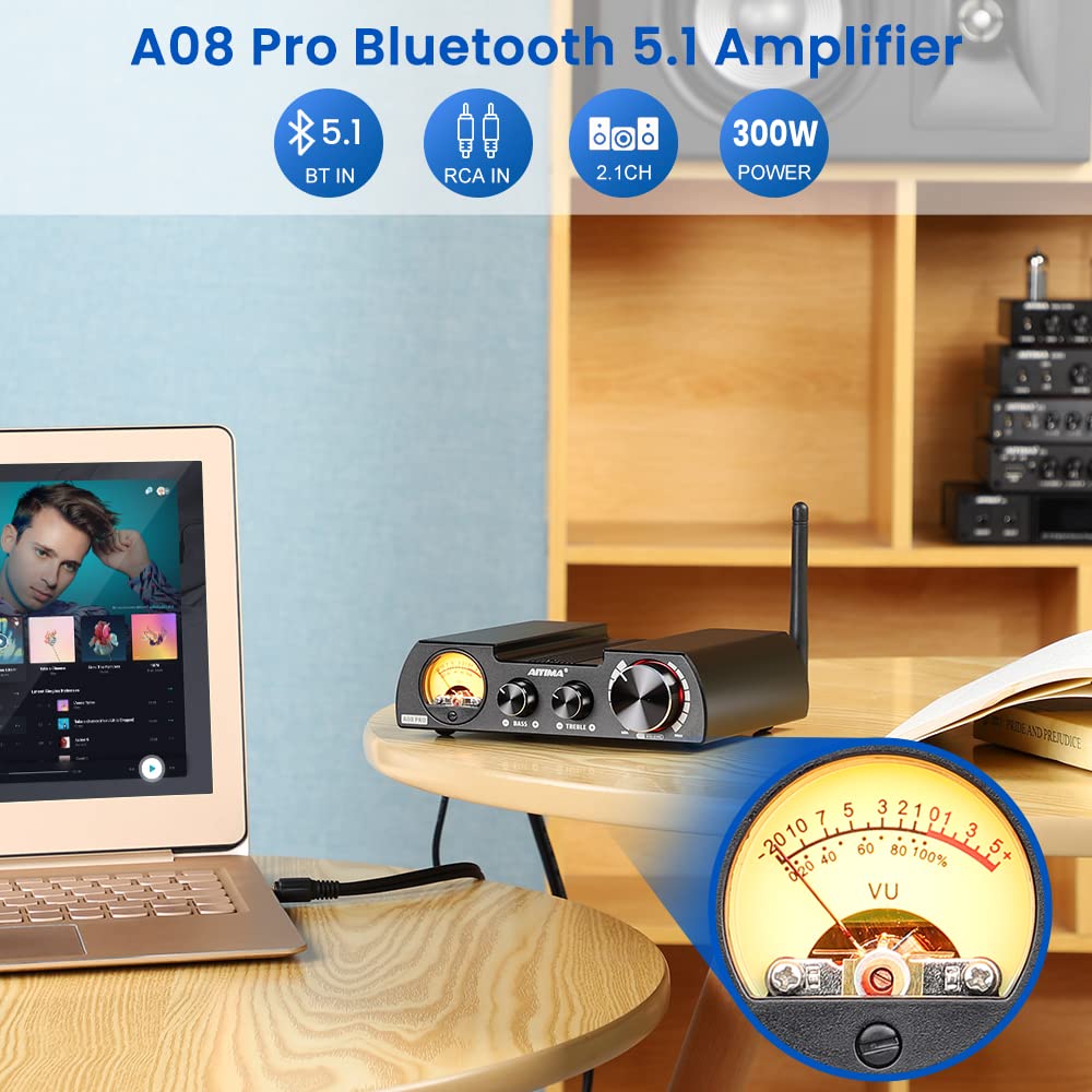 Aiyima A08 Pro Tpa3255 Power Amplifier Bluetooth 5.1 With Vu Meter 300W+300W Hifi Class D Stereo Digital Audio Amp 2.0 Channel A