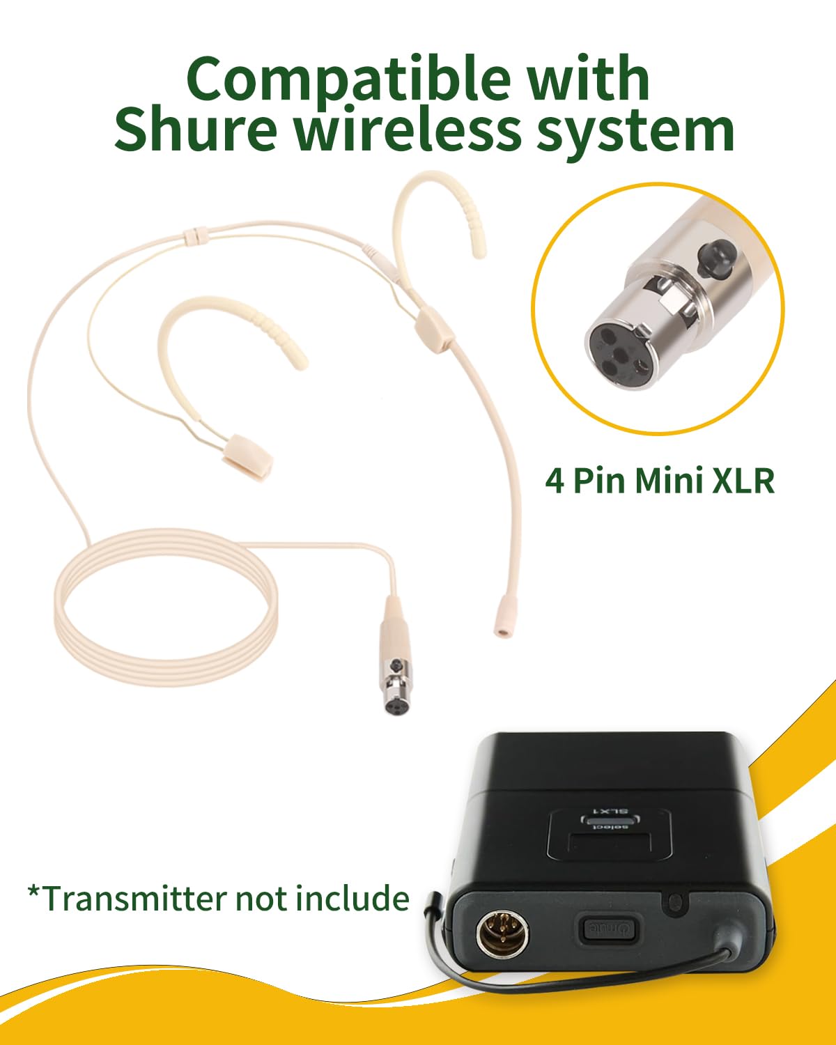 3 Pack Microphone Headset - Discreet Over-Ear Headworn Earset With Hanging Mic, Compatible With Shure Wireless Bodypack Transmit