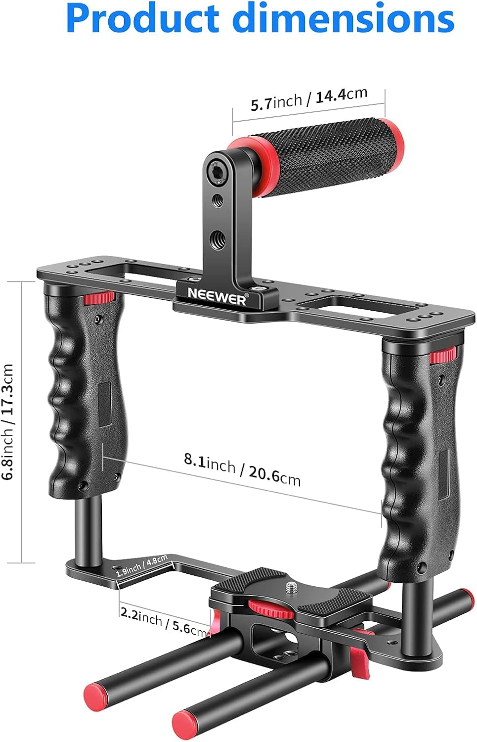 Neewer Camera Video Cage Film Movie Making Kit, Aluminum Alloy With Top Handle, Dual Hand Grip, Two 15Mm Rods, Compatible With C