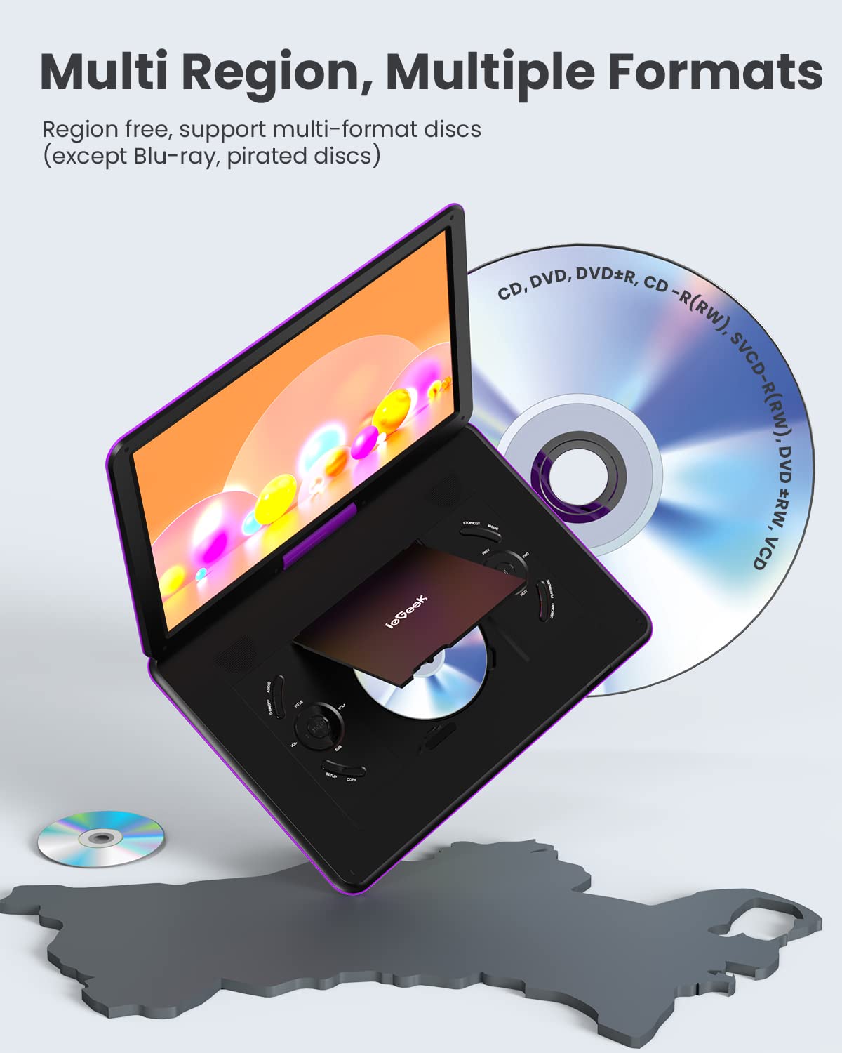 Iegeek 15.9'' Portable Dvd Player With 14.0'' Swivel Screen, 6 Hrs Rechargeable Battery, Car Dvd Player, Sync Tv, Region Free, Support Usb/Sd Card, High Volume Speaker, Remote Control, Purple