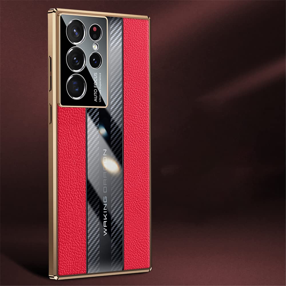 Lunivop Samsung Galaxy S22 Ultra 5G Phone Case TPU Carbon Fiber Leather Red 6.8 inch Shockproof