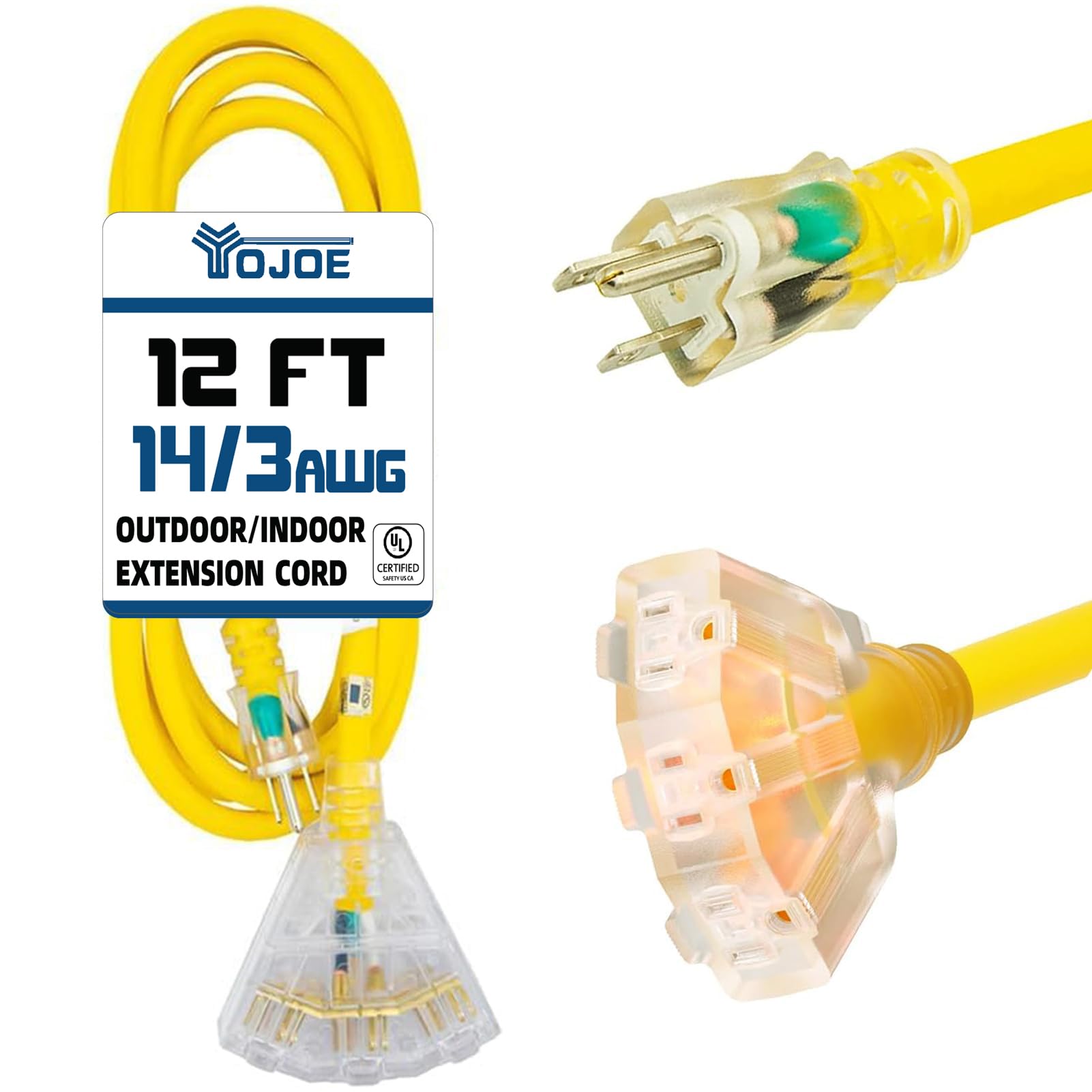 Yojoe 3 Outlets Indoor Outdoor Extension Cord With Lighted End, 3 Prong 15A Weatherproof Power Cord, 14 Gauge Heavy Duty 12 Ft Y
