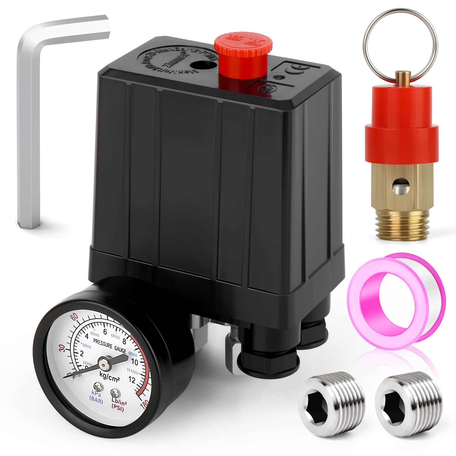 Meanlin Measure Air Compressor Pressure Switch Control Valve 90 120 Psi 110V 240V 4 Way Replacement Parts With 0 180 Pressure Ga