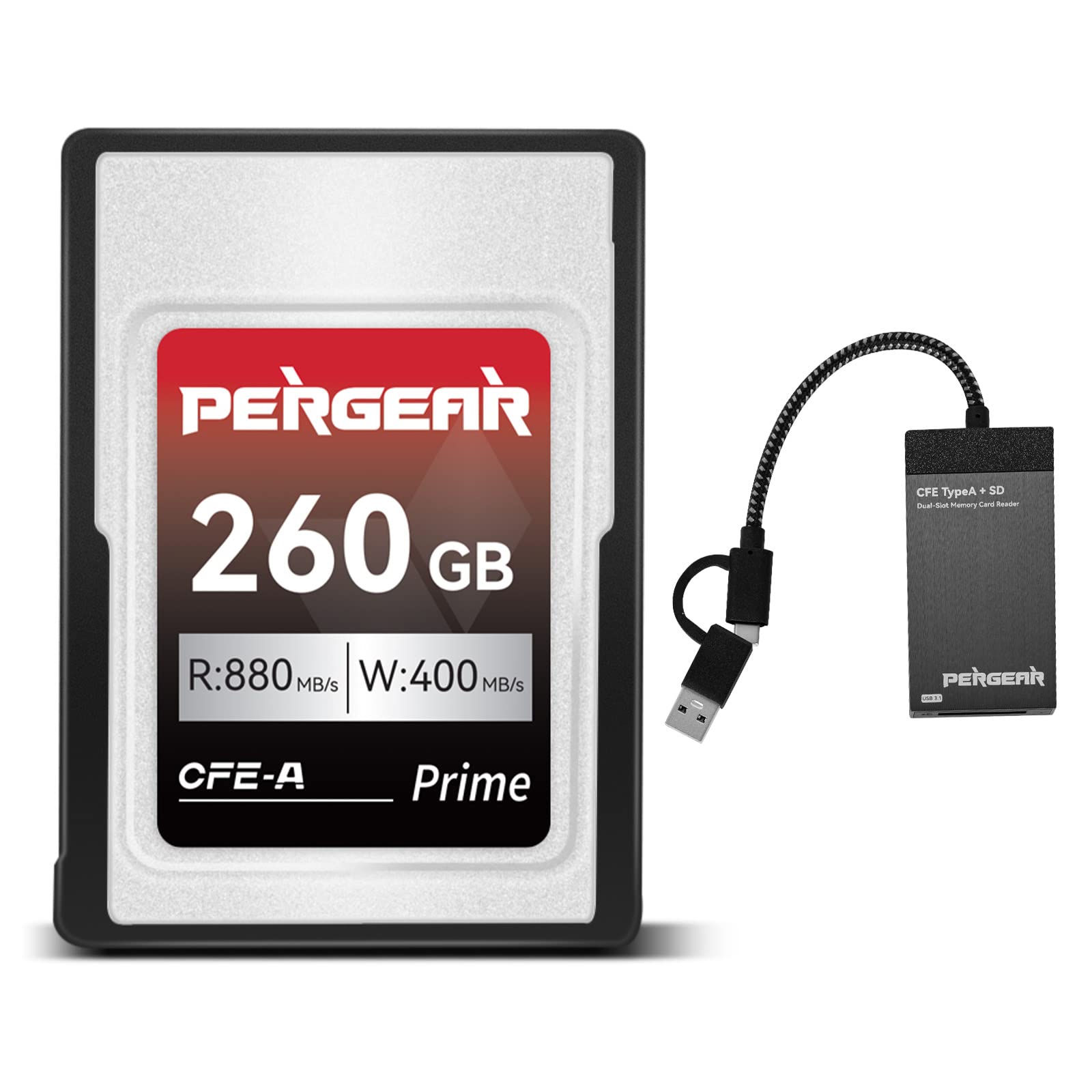 PERGEAR Professional 260GB CFexpress Type A Memory Card, with Card Reader, Up to 880MB/s Read Speed & 900MB/s Write Speed for 4K