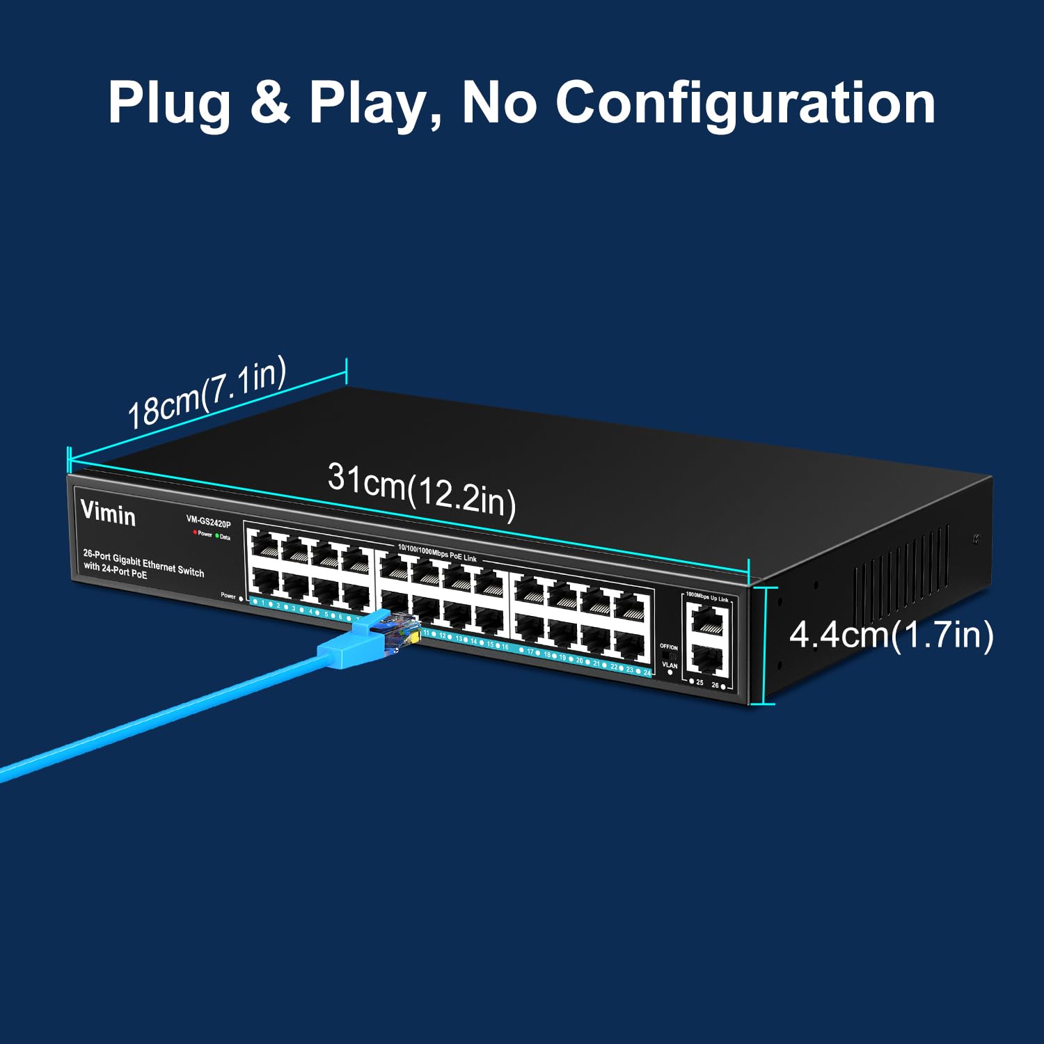 24 Port Gigabit Poe Switch With 2 Uplink Gigabit Ports, Vimin 26 Port Unmanaged Poe Ethernet Switch With 320W Power, Support Iee