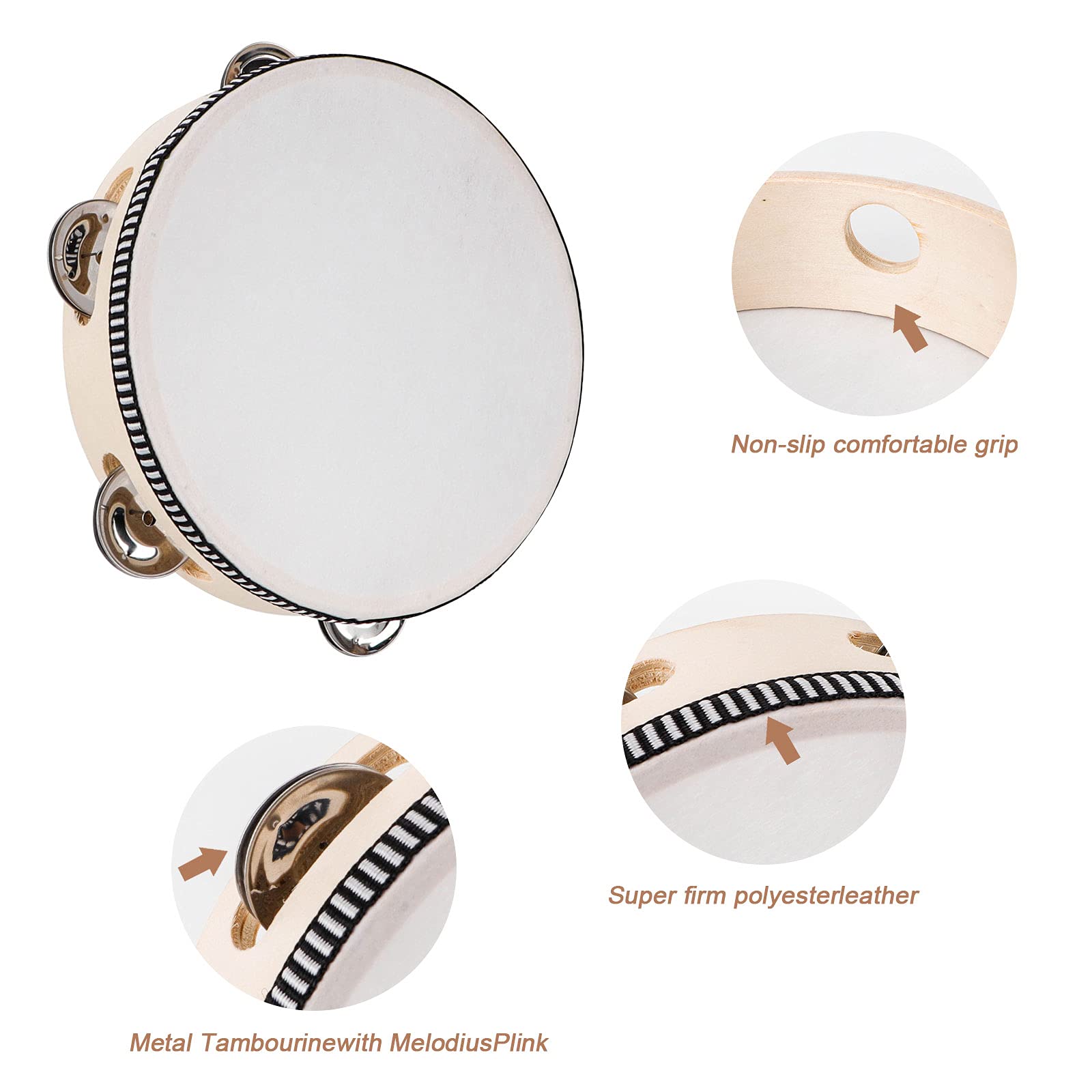 Dreokee Tambourines For Adults, 7 Inch Wooden Hand Held Drum Bell Tamborine With Birch Metal Jingles Single Row Percussion Music