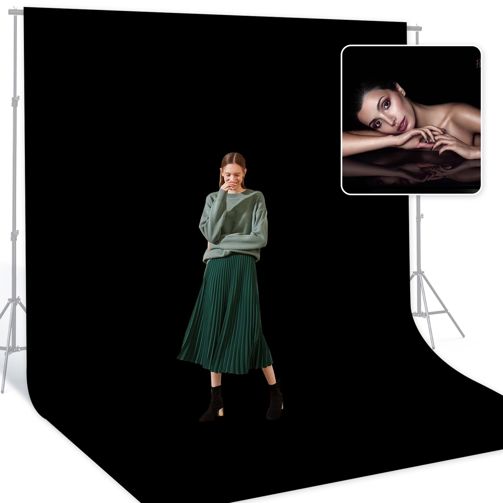 Beiyang Black 10 X 20 Ft Large Photography Backdrop Screen, Black Non Reflective Fabric Wrinkle Resistance Photo Background For