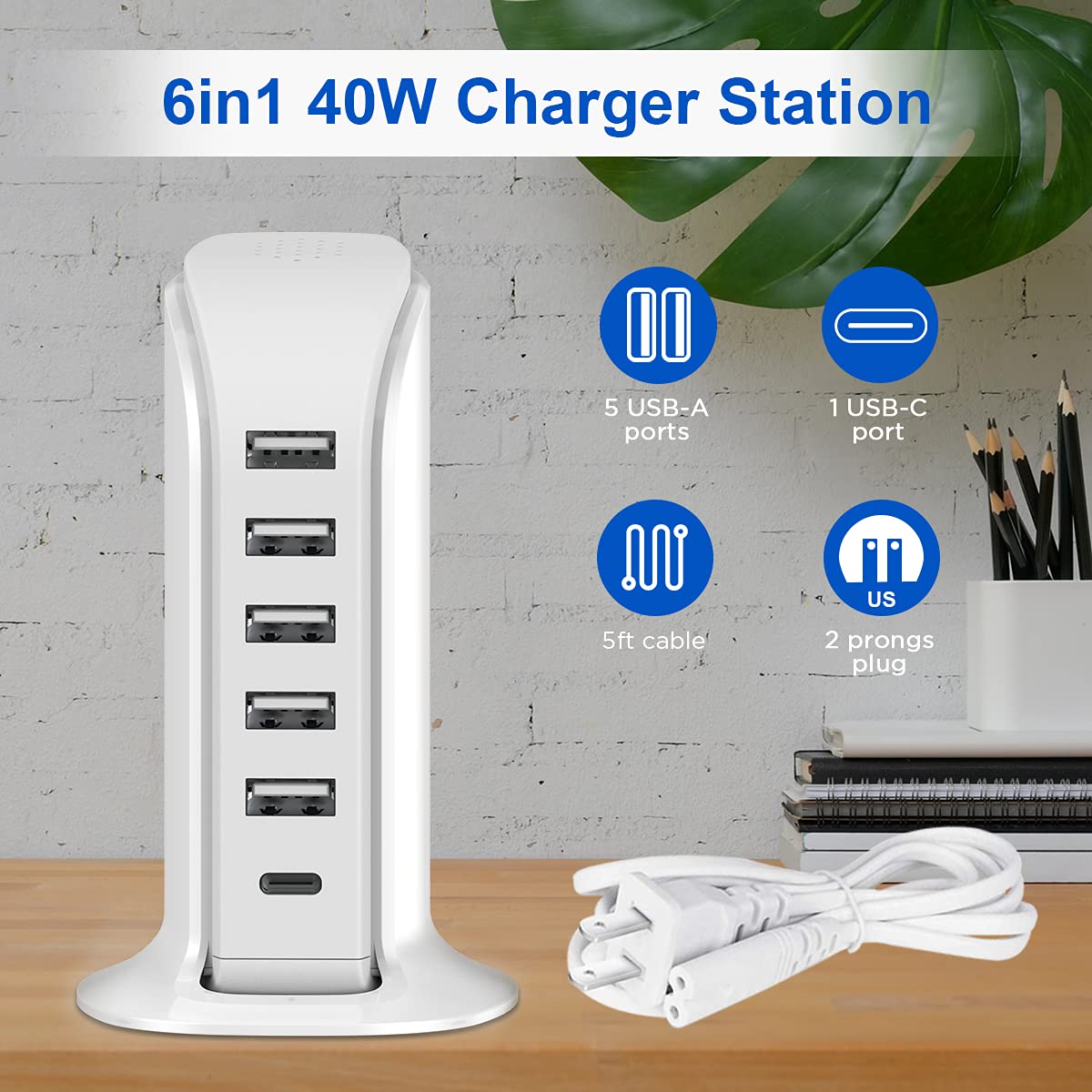 Charging Station For Multiple Devices 40W Upoy, Wall Charger Block 5 Usb Ports(Shared 6A), Usb Charging Hub Smart Ic, Charger To