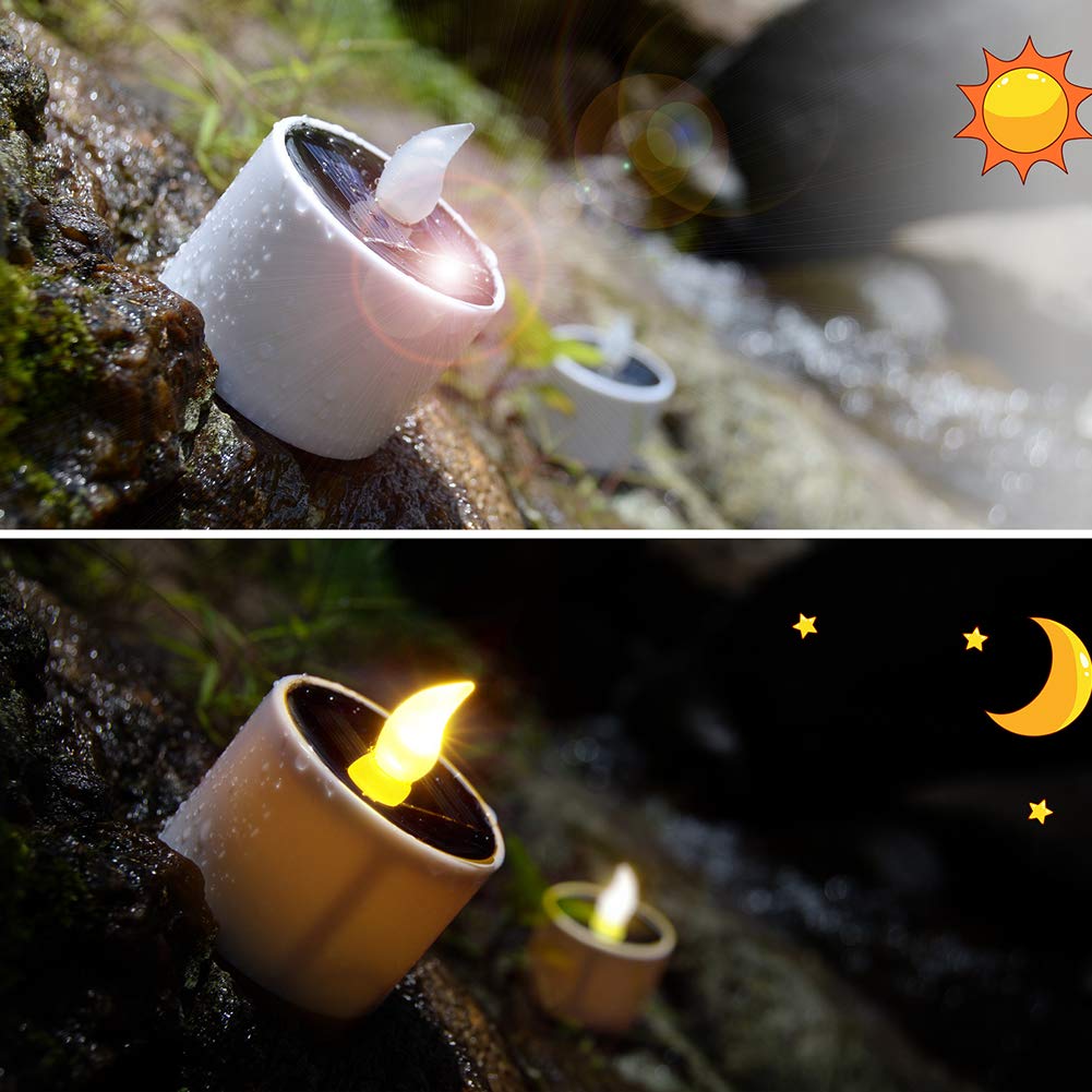 Soulbay 6Pcs Solar Power Tea Lights Outdoor Candle Flameless Flicker Ip65 Waterproof Rechargeable Led Candles With Dusk To Dawn