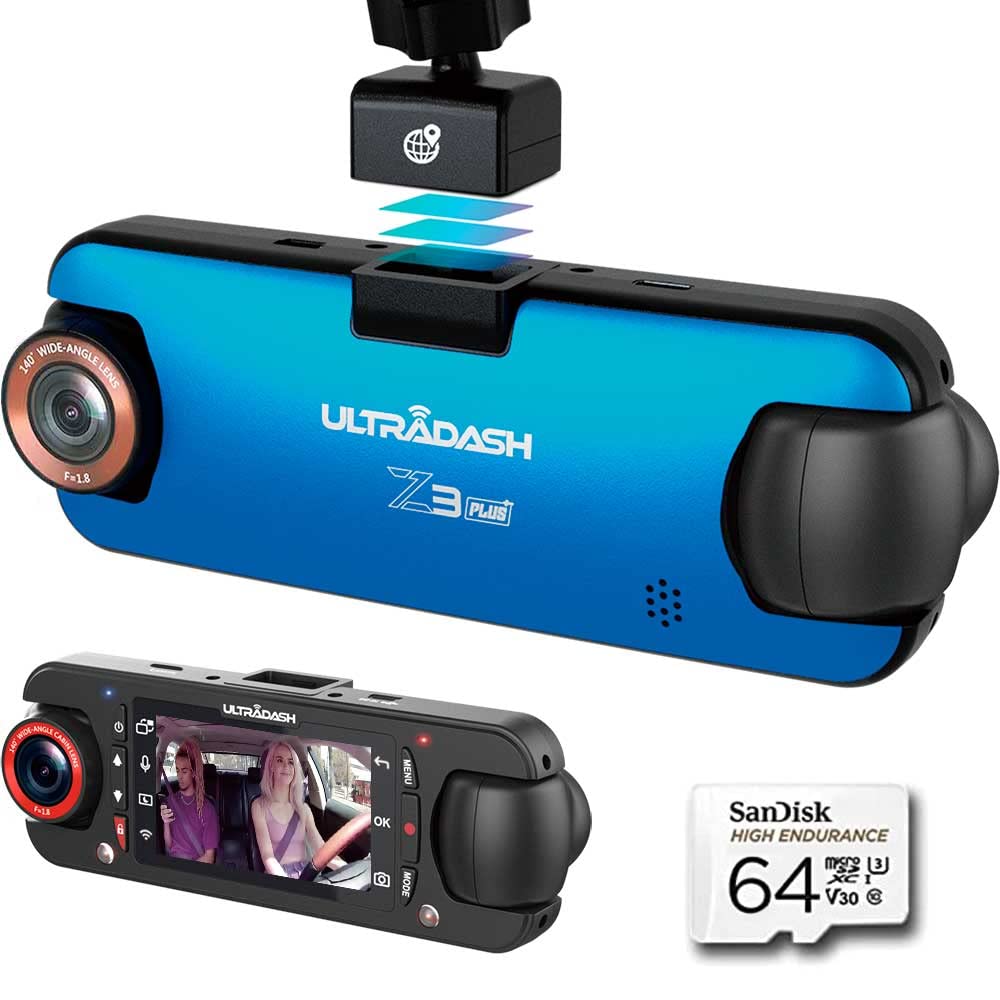 Ultradash Z3+ Commercial Edition + 64Gb Sd Card   Dual Lens Dash Cam+ High Endurance Micro Sd, 2K 1440P, Ir Cabin Lens, 140 Wide