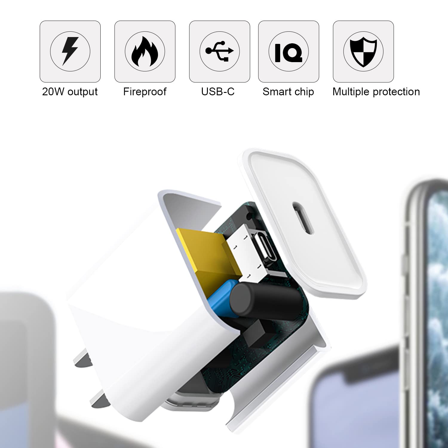 Fast Charger Iphone, Iphone 14 13 12 Charger,20W Usb C Charger Fast Charging Wall Charger Block With Rapid Type C To Lightning C