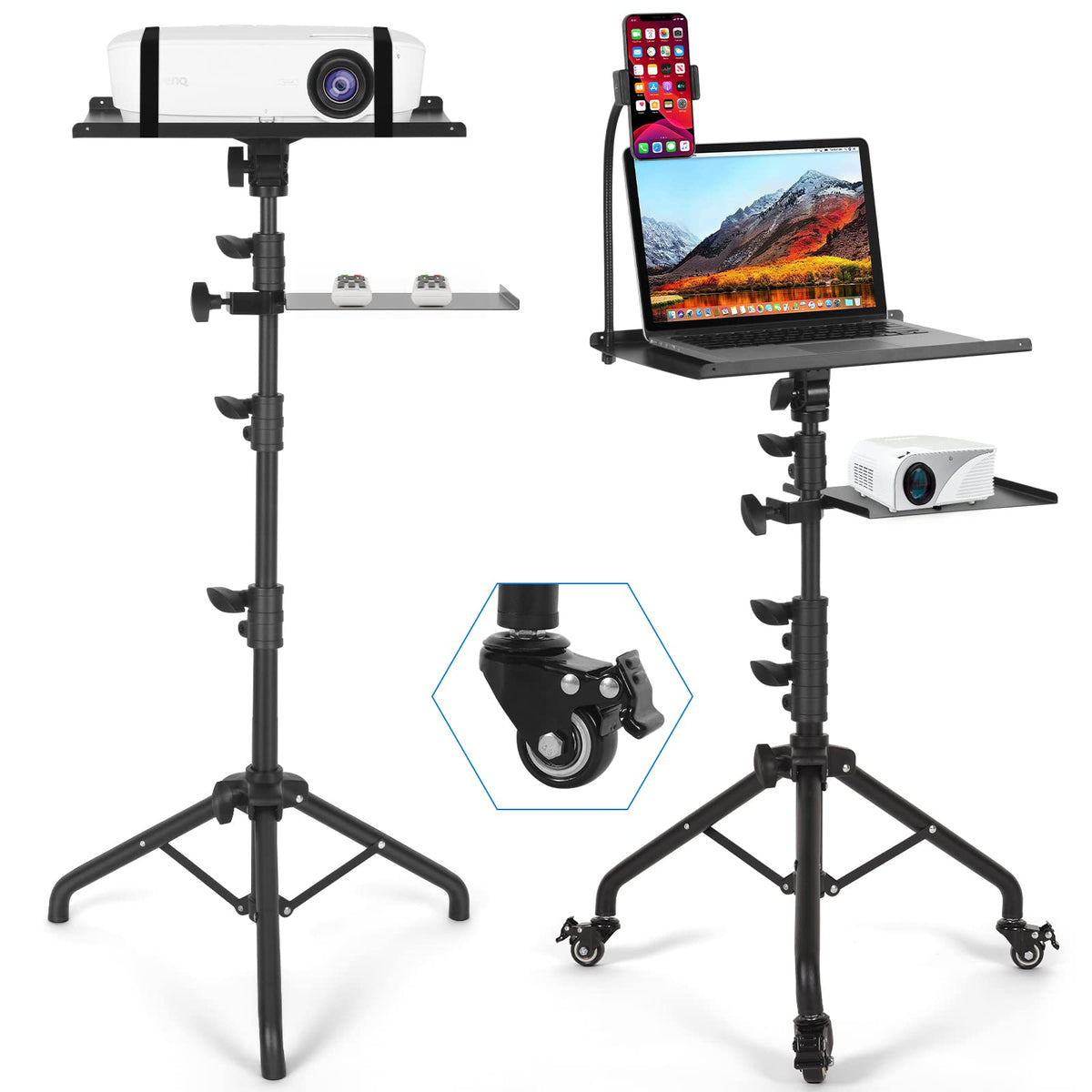 Tossbiss Projector Stand With Wheels, Laptop Tripod Stand With Phone Holder, Rolling Laptop Tripod With Mouse Tray, Adjustable &