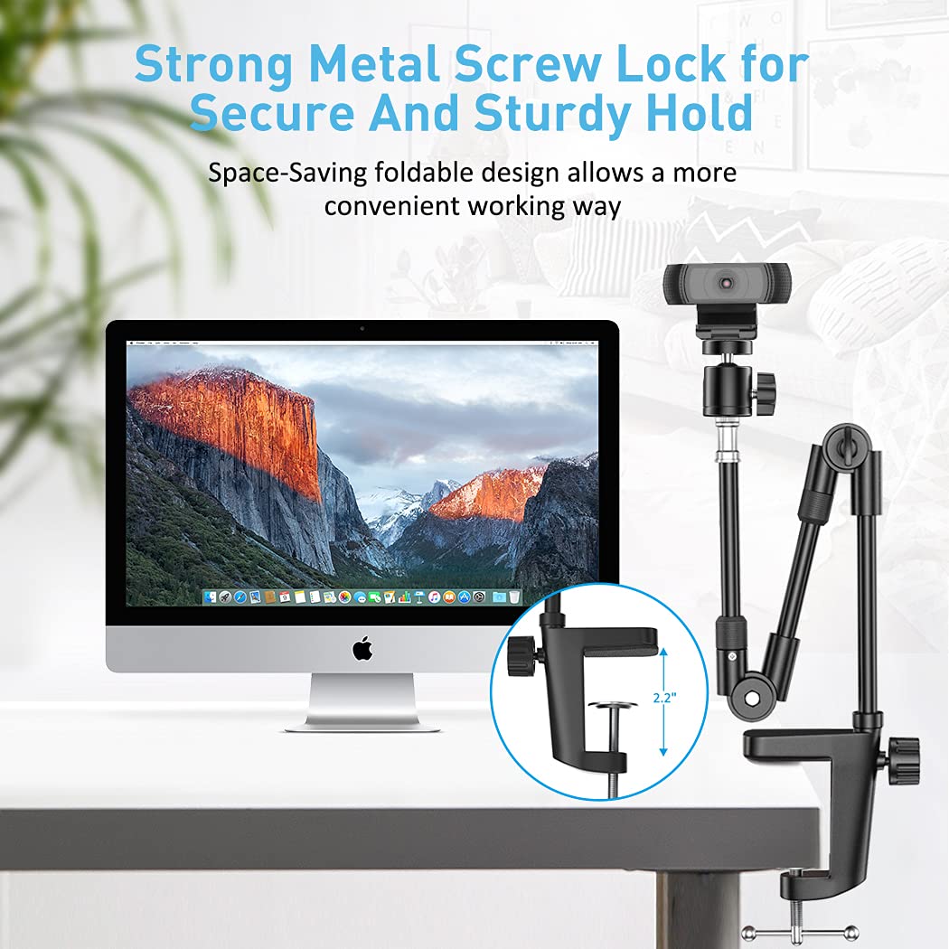 Kdd Webcam Stand Camera Mount With Phone Holder, 22 Inch Foldable Flexible Gooseneck Cell Phone Clamp & Table Projector Mount, For Logitech C922 C930E C920S C920 C960 Brio 4K, Gopro Hero 8 7 6 5