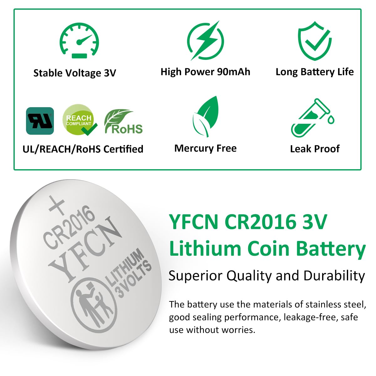 Yfcn Cr2016 Battery 3V Lithium Battery 10 Count Pack Cr2016 Batteries - Cr 2016 Coin Cell Batteries For Watch, Key Fob, Remotes