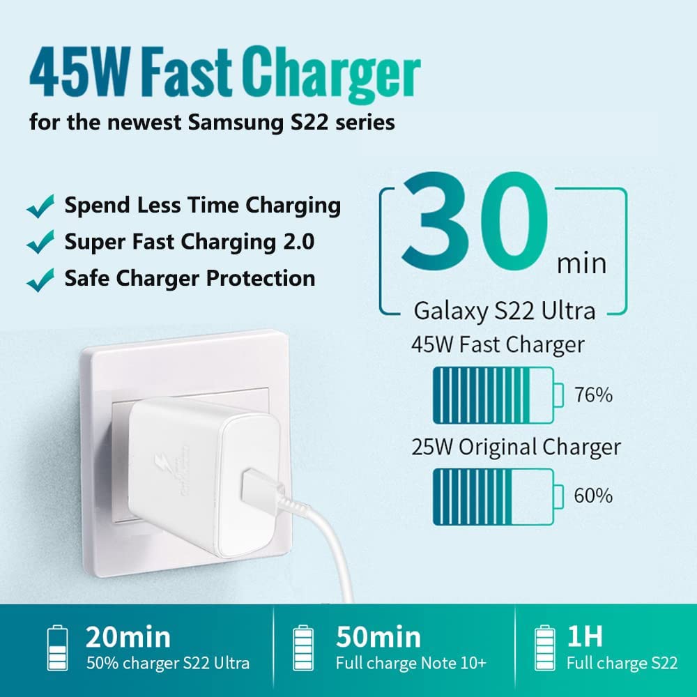 Samsung 45W Usb C Fast Charging Wall Charger, Super Fast Charger Type Usb C 45W Samsung Galaxy Tab S7/S7+/S8/S8+/S8/S22 S21 S20