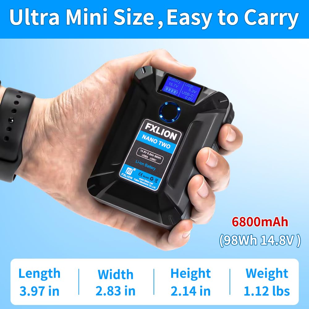 Fxlion Nano Two V Mount Battery,98Wh 14.8V 6800Mah Rechargeable Portable V Lock Battery With Lcd Screen,D Tap,Usb A,Usb C Ports