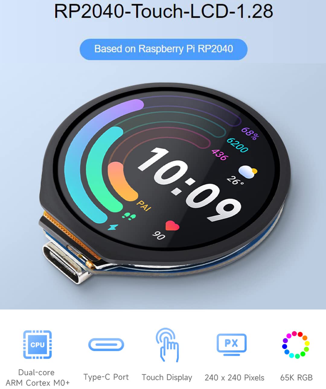 Waveshare Rp2040 Mcu Board With 1.28Inch Touch Round Lcd 240X240 Pixels 65K Colorful Ips Lcd Display For Clear Color Pictures,Ba