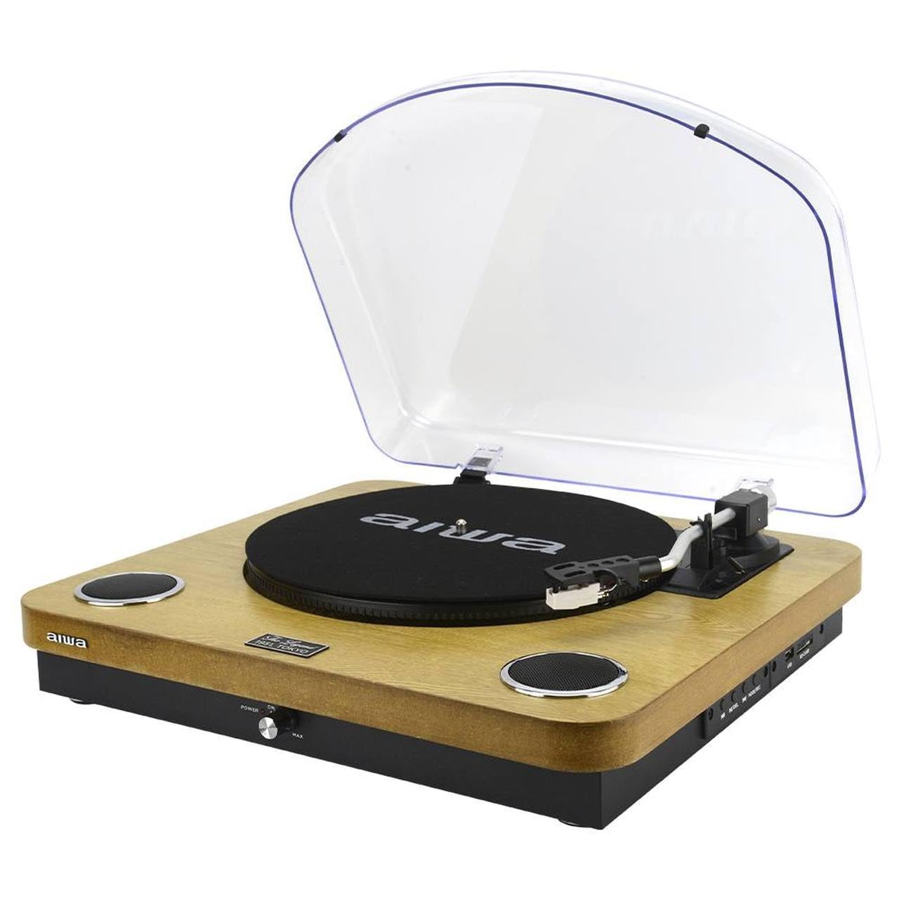 AIWA LPS-25WD Turntable | 3 Speeds 33/45/78RPMs; Bluetooth 5.4; Integrated Speaker 2  5W; USB/RCA Audio; FM Radio, Wood Color