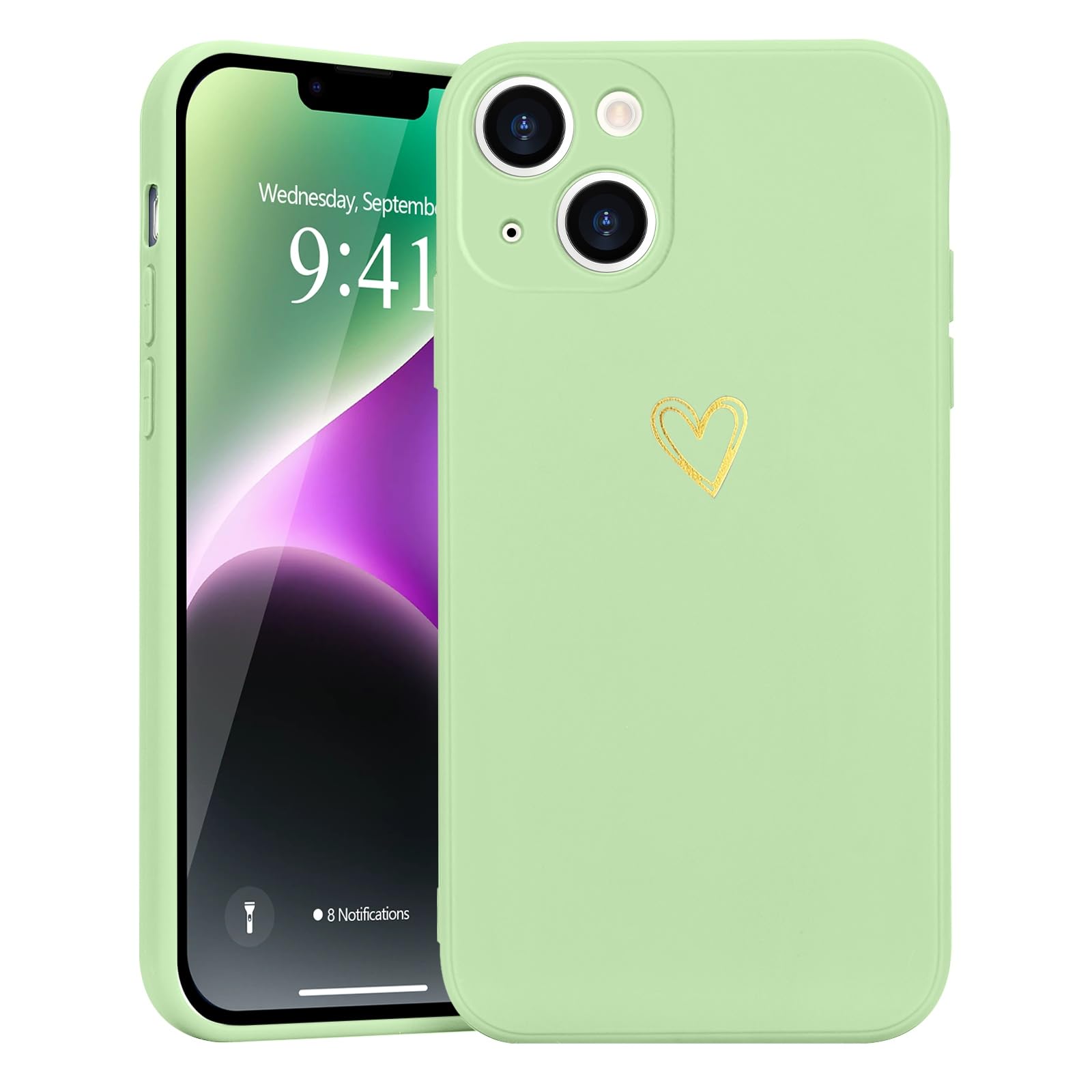 Wirvyuer For Iphone 14 Case Cute Heart Pattern Soft Shockproof Protective Silicone Phone Case For Women Girls, Lime Green