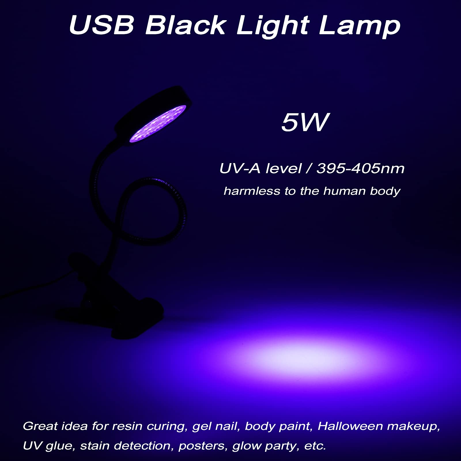 Greenic Usb Black Light Lamp, 5V 5W 395Nm Uv Led Blacklight With Gooseneck And Clamp For Art Resin Curing, Gel Nail, Poster, Glu