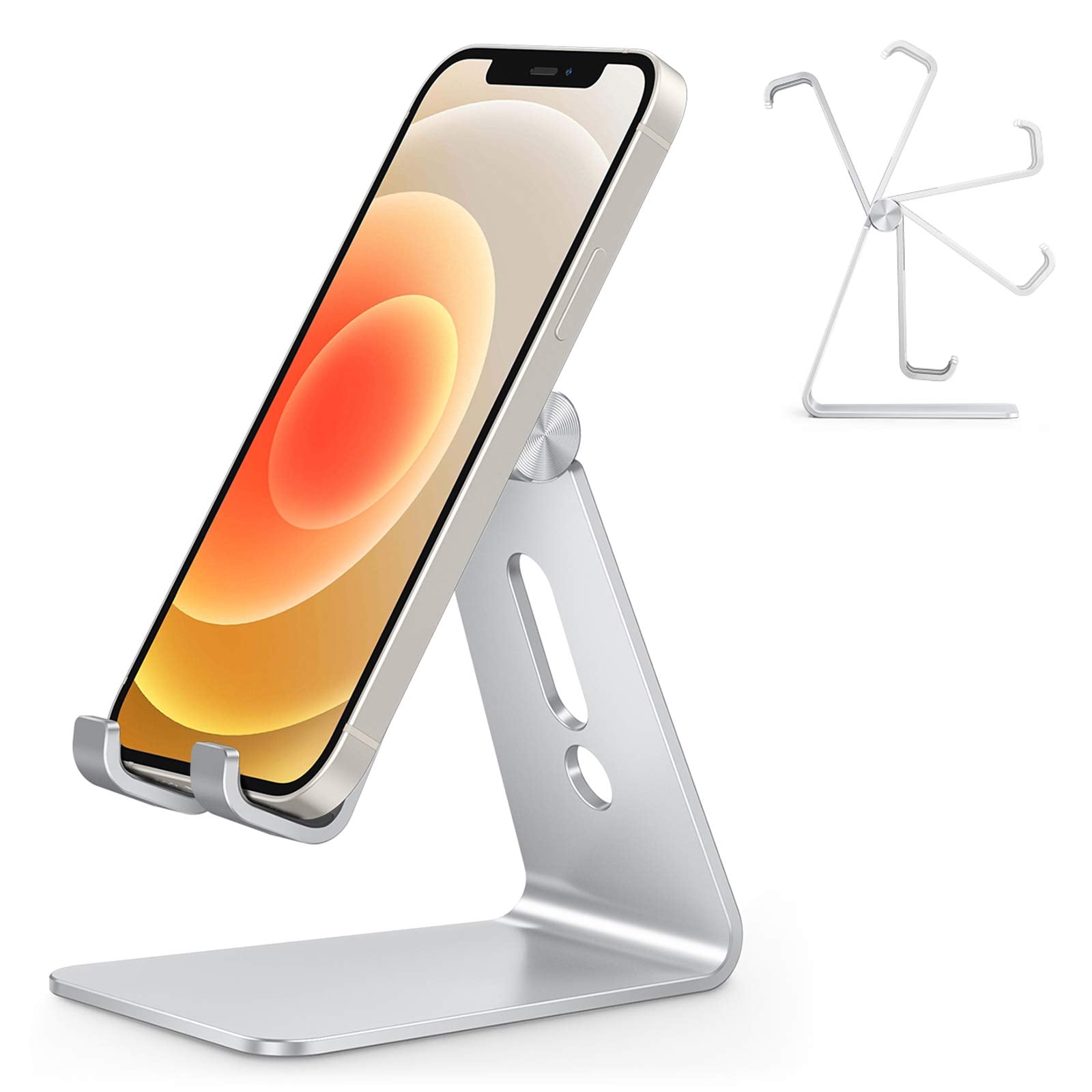 Adjustable Cell Phone Stand, Omoton Aluminum Desktop Cellphone Stand With Anti Slip Base And Convenient Charging Port, Fits All