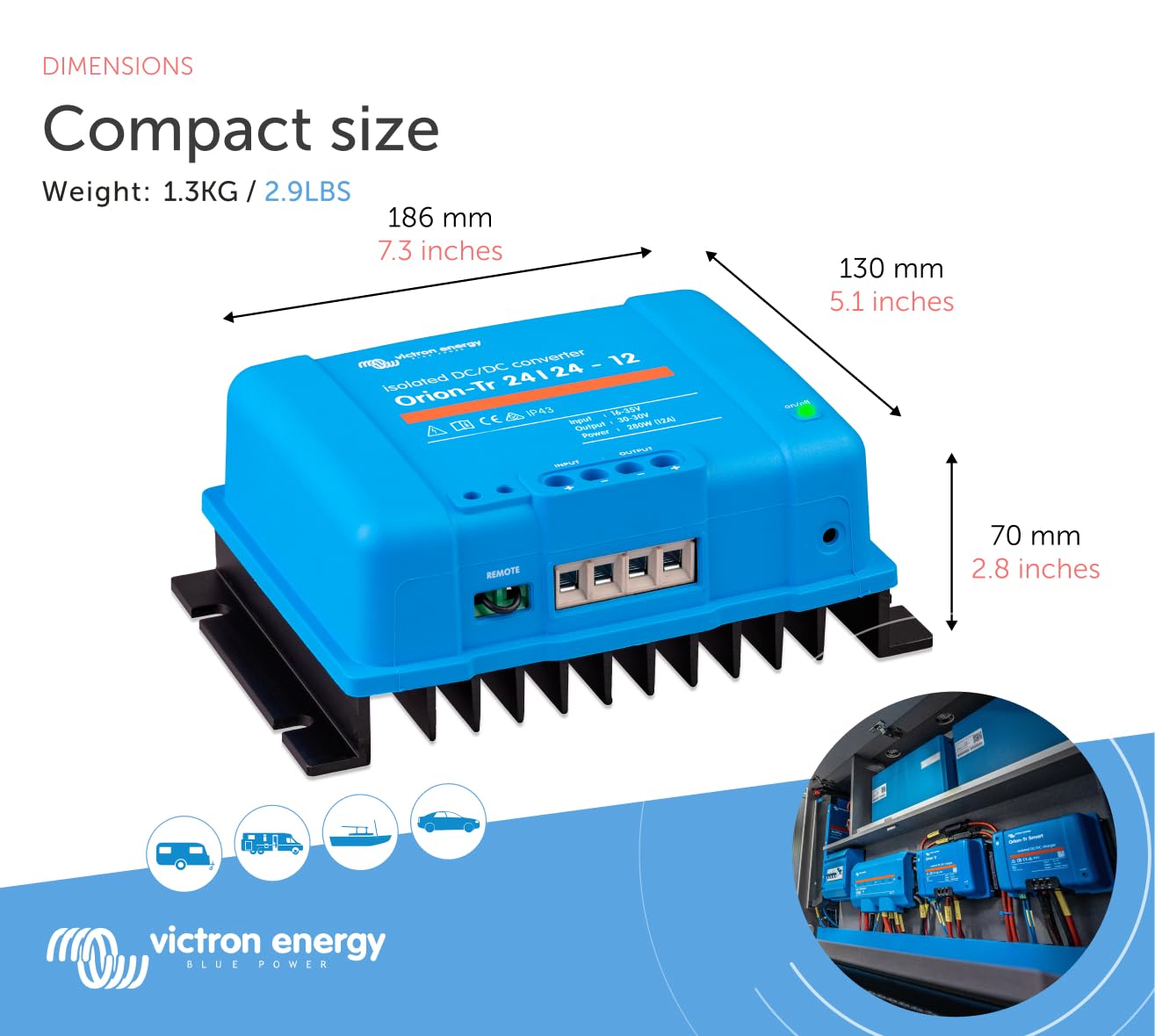 Victron Energy Orion-Tr Dc To Dc Converter - 24/24-Volt 12 Amp 280-Watt - Ip43 Protected - For Dual Battery Systems - Isolated