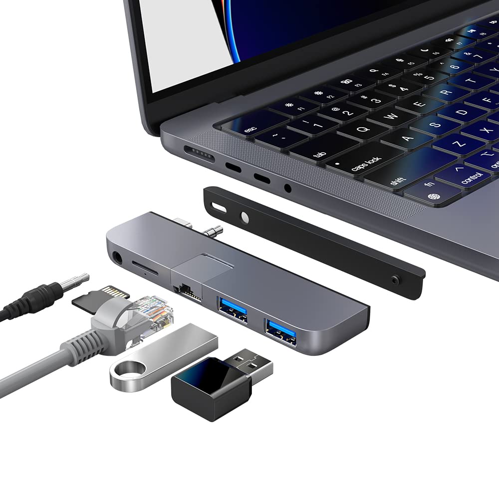 Qwiizlab Usb C Hub 5 In 1 Adapter, Gigabit Ethernet, Usb 3.0 Port, Microsd Reader, 3.5Mm Audio For 2024/23/22/21 14/16 Inch Macb