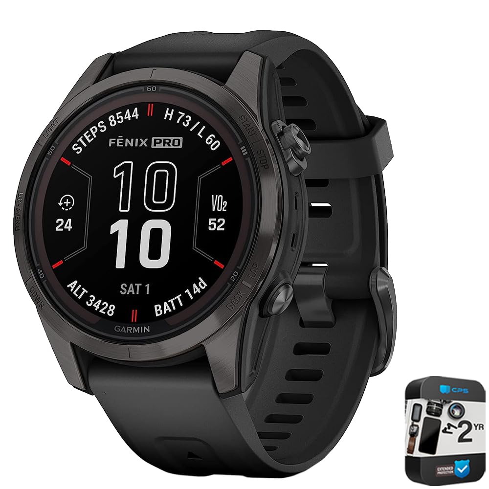 Garmin Fenix 7S Pro Solar, Sapphire, Carbon Gray DLC Titanium, Black Bundle with 2 Year Enhanced Protection Pack