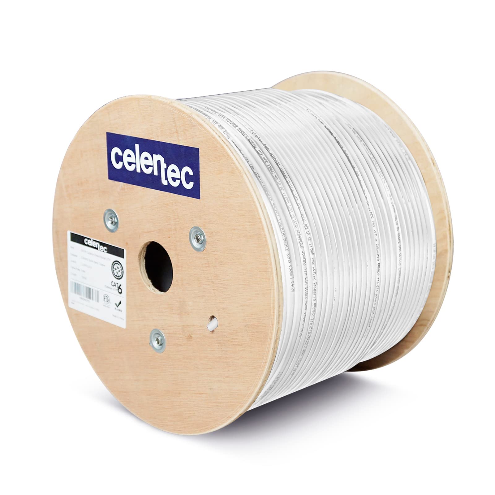 Celertec Cat6 Outdoor Cable, 1000Ft, 23Awg Solid Bare Copper, Unshielded Twisted Pair (Utp), Uv Resistant, Weatherproof, Cmx, Etl Listed, 550Mhz, Bulk Ethernet Cable, Wooden Spool  White