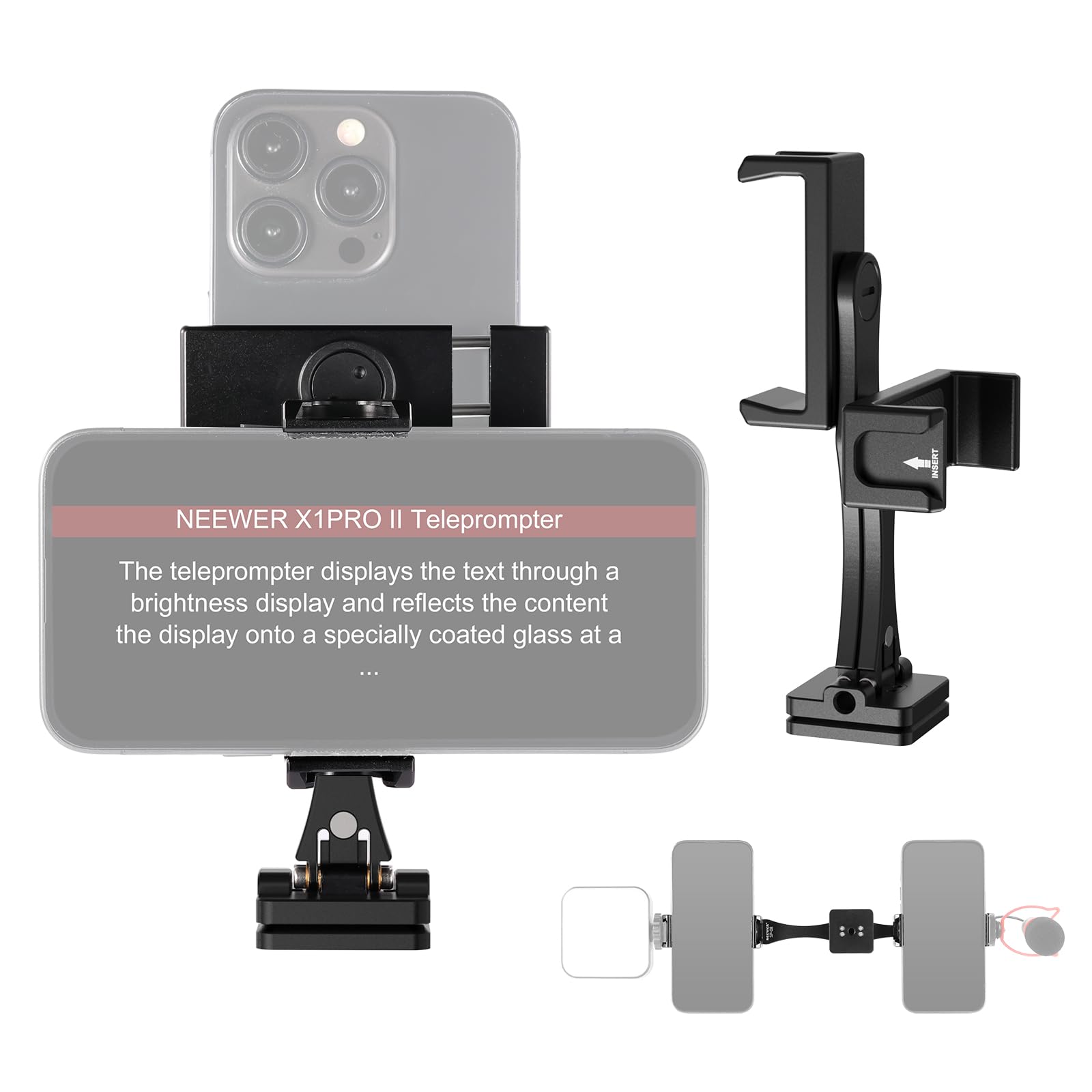Neewer Metal Phone Tripod Mount Adapter With Arca Qr Base, 360 Rotatable Dual Cell Phone Clip Clamp Holder With 4 Cold Shoes Com