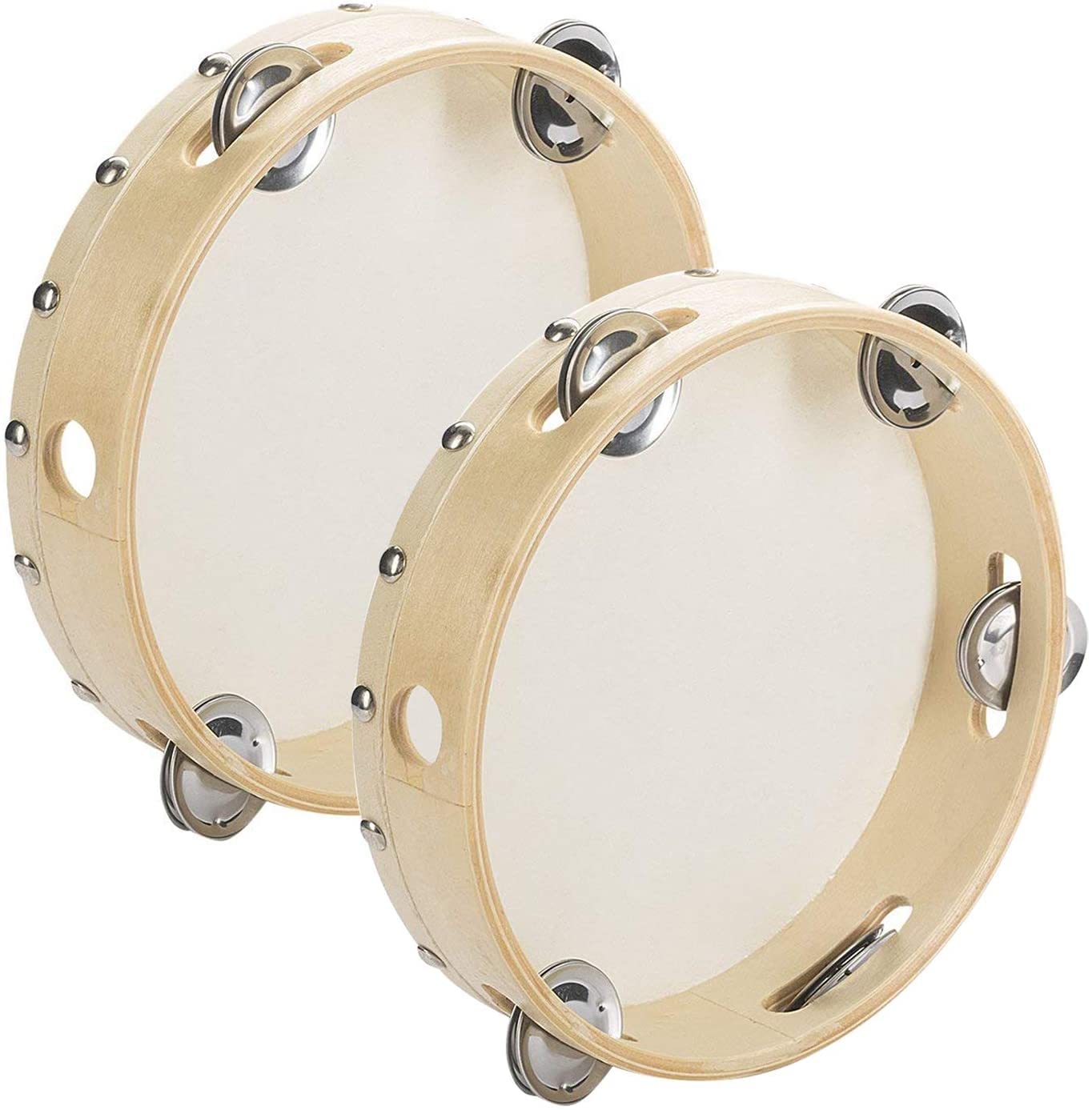 Tosnail Pack of 2 Pieces 7 Wooden Tambourine Hand Held Drum Bell, Single Row 5 Pairs Metal Jingles Percussion Musical Gift Educa
