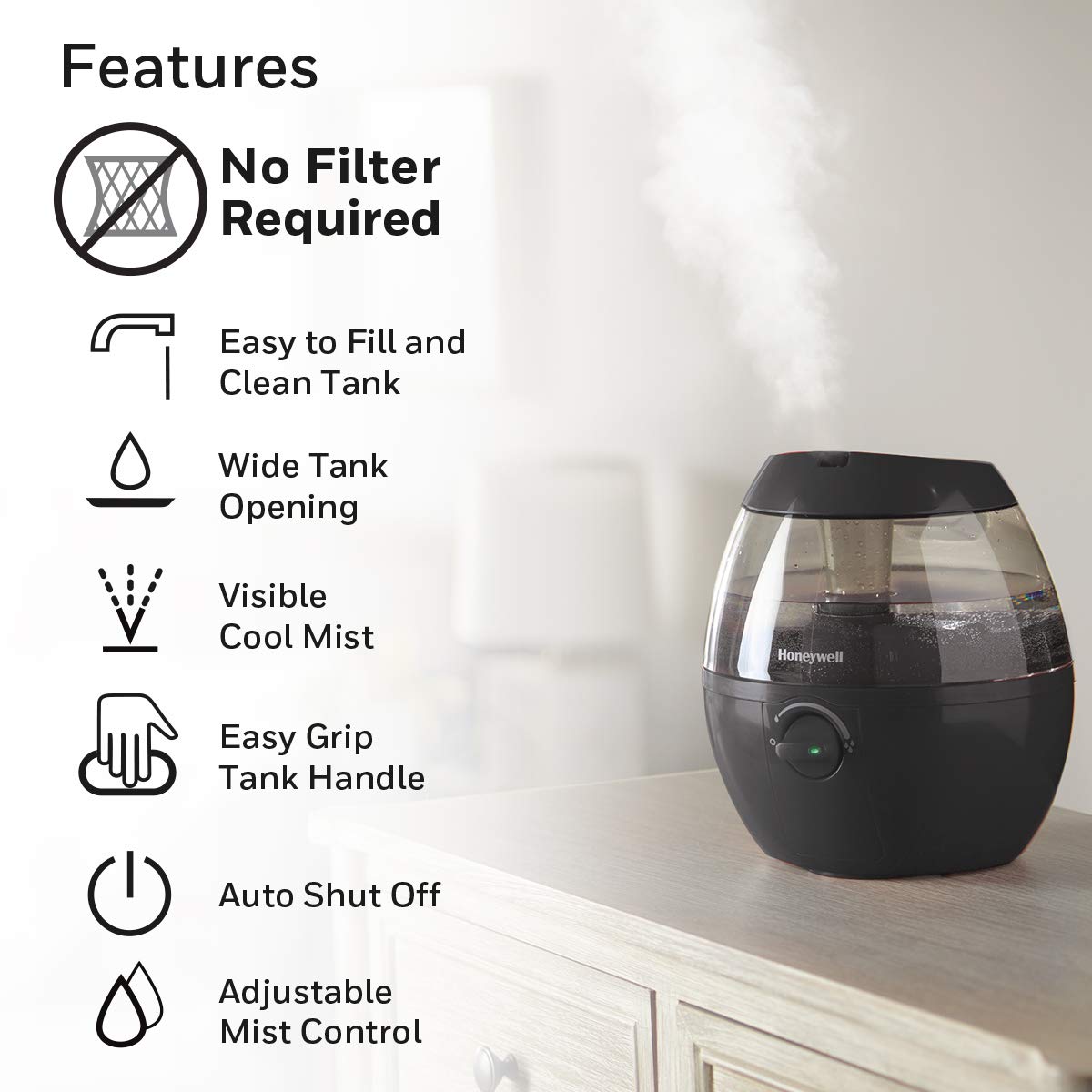 Honeywell Hul520B Mistmate Cool Mist Humidifier Black With Easy Fill Tank & Auto Shut-Off, For Small Room, Bedroom, Baby Room, O