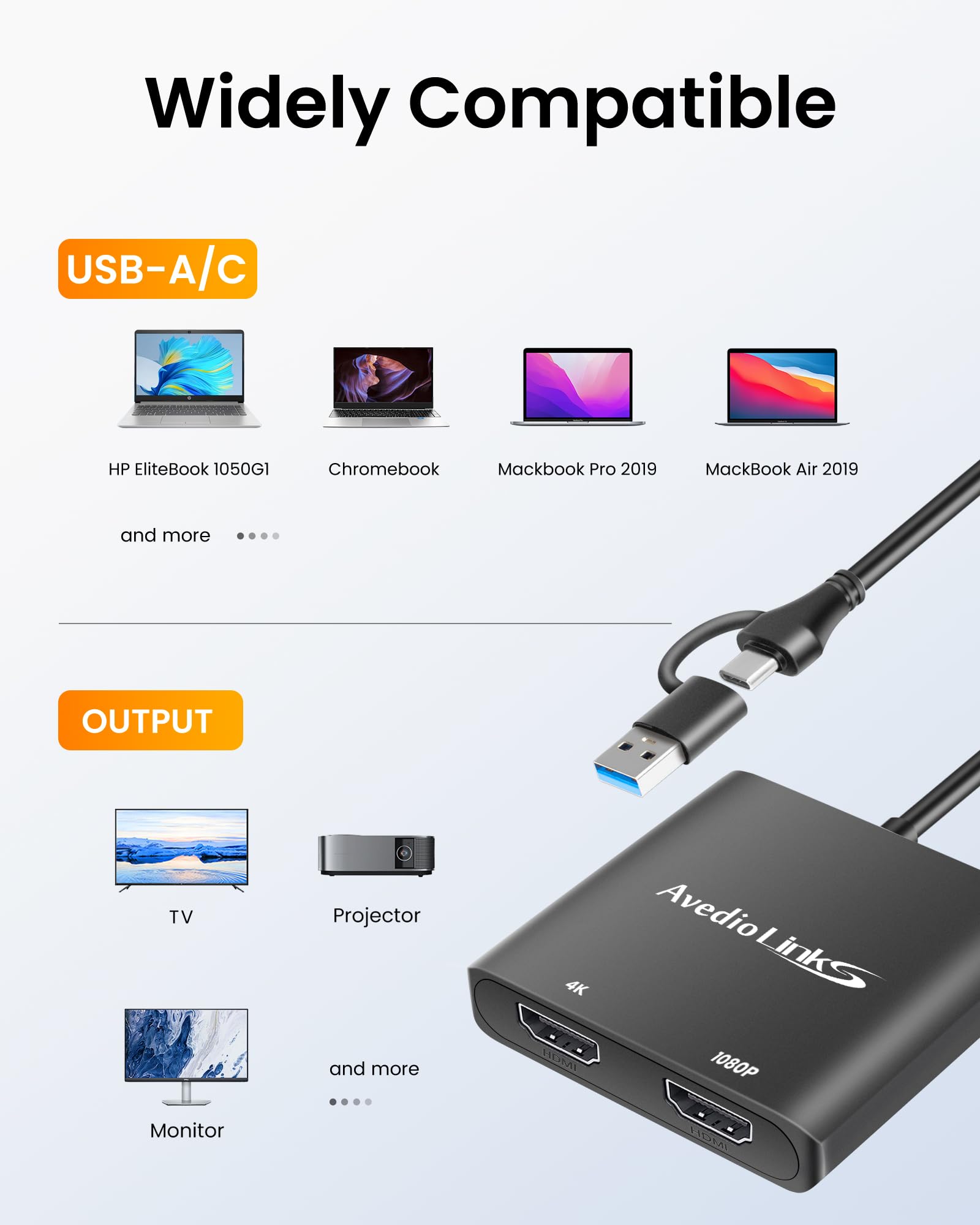 Avedio Links Usb C/Usb 3.0 To Hdmi Splitter Extended Display, Usb C To Hdmi Adapter For Windows And Mac Os, Support Displaylink
