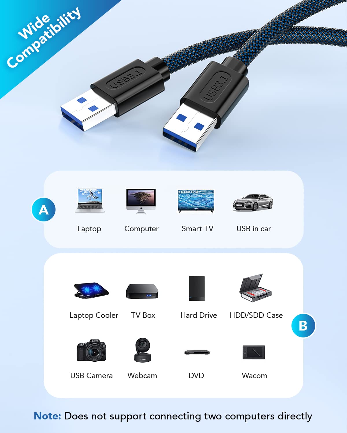 Andtobo Usb 3.0 A To A, 3.3 Ft, Male To Male Cable Double End Usb Cord Compatible With Hard Drive Enclosures Dvd Player Laptop Cooler   Blue