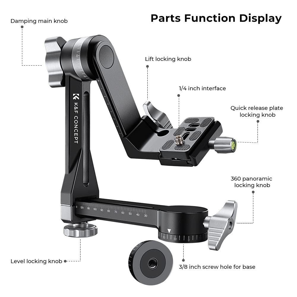 K&F Concept Upgraded Gimbal Tripod Head, Exclusive Lubricant, All Cnc Aluminum Alloy Gimbal Head, Precise Horizontal And Vertica