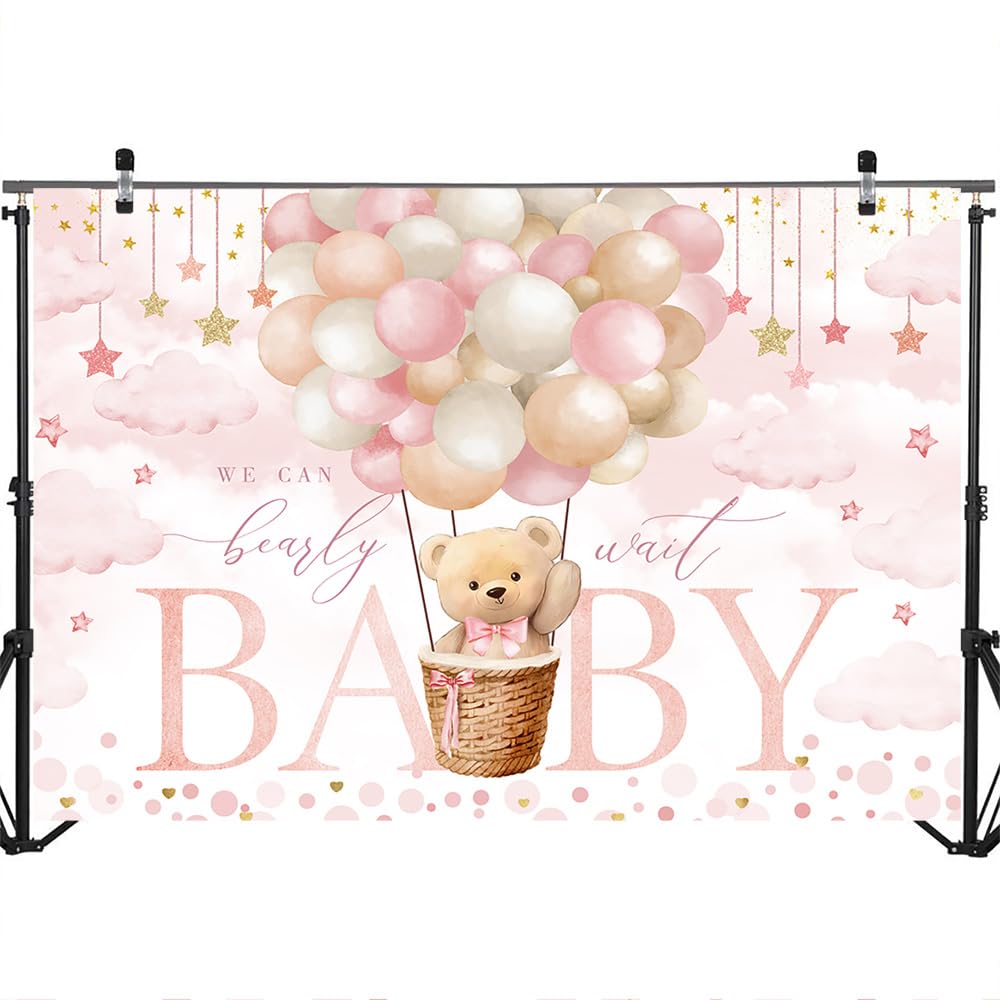 Mocsicka We Can Bearly Wait Backdrop Pink Hot Balloon Bearly Wait Baby Shower Party Decorations Backgrpund Pink Cloud Bear Girl