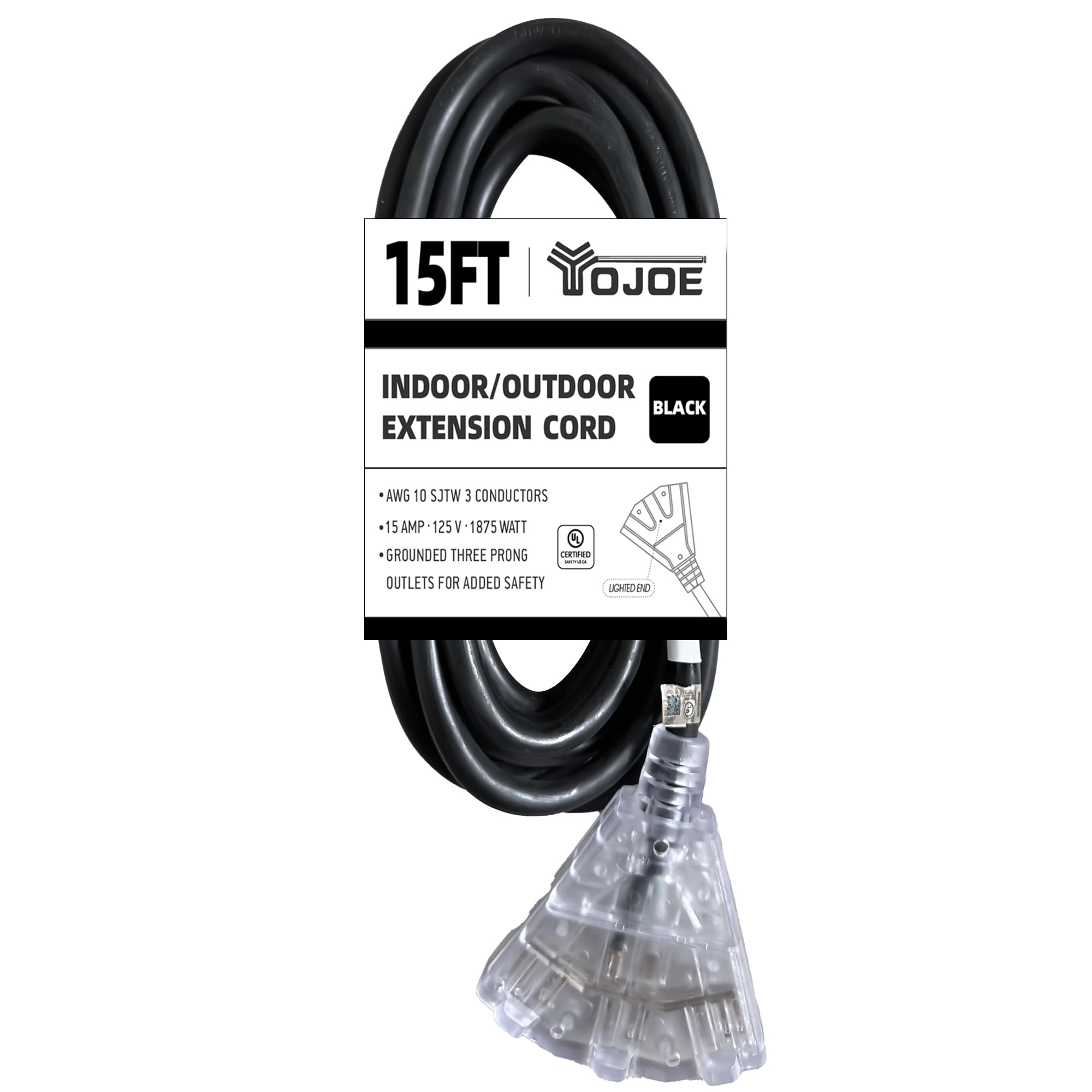 Yojoe 15 Foot 10/3 Lighted Outdoor Extension Cord With 3 Power Outlets   10 Gauge 3 Prong Sjtw Heavy Duty Black Extension Cable