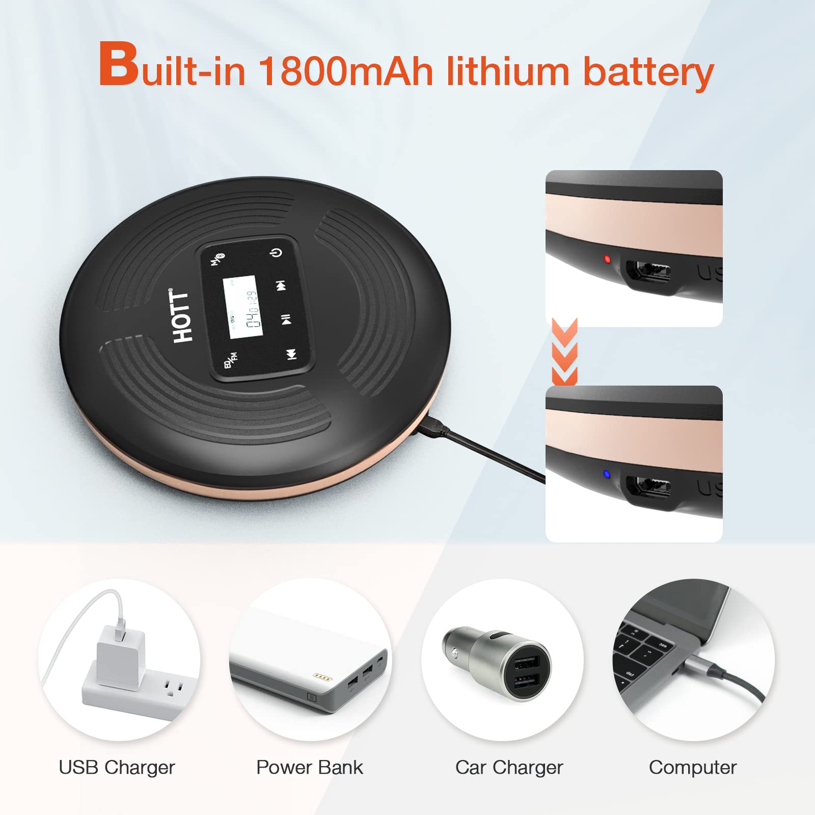 Hott Portable Cd Player With Bluetooth And Fm Transmitter,Portable Walkman Cd Player With Touch Buttons Backlight,Rechargeable D