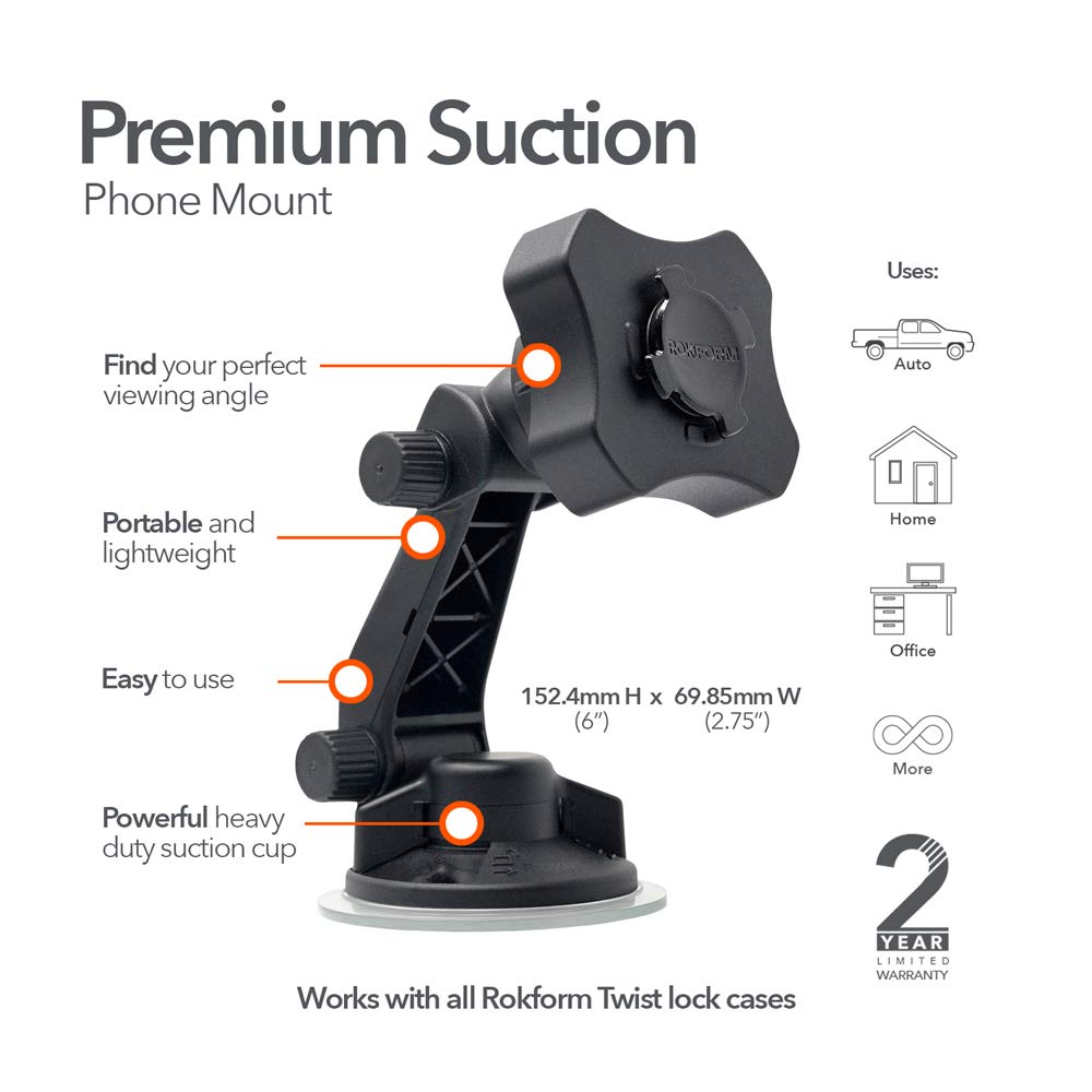 Rokform   Adjustable Windshield Phone Mount Secured by Strong Suction Cup Base, 210 Degrees of Tilt and 360 Degree of Rotation Phone Holder Compatible with ALL Rokform Twist Lock Cases