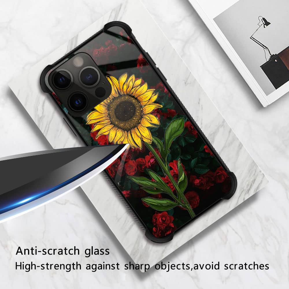 ZHEGAILIAN iPhone 14 Pro Case Rose Sunflower Pattern Organic Glass TPU Anti-Scratch 6.1 inch