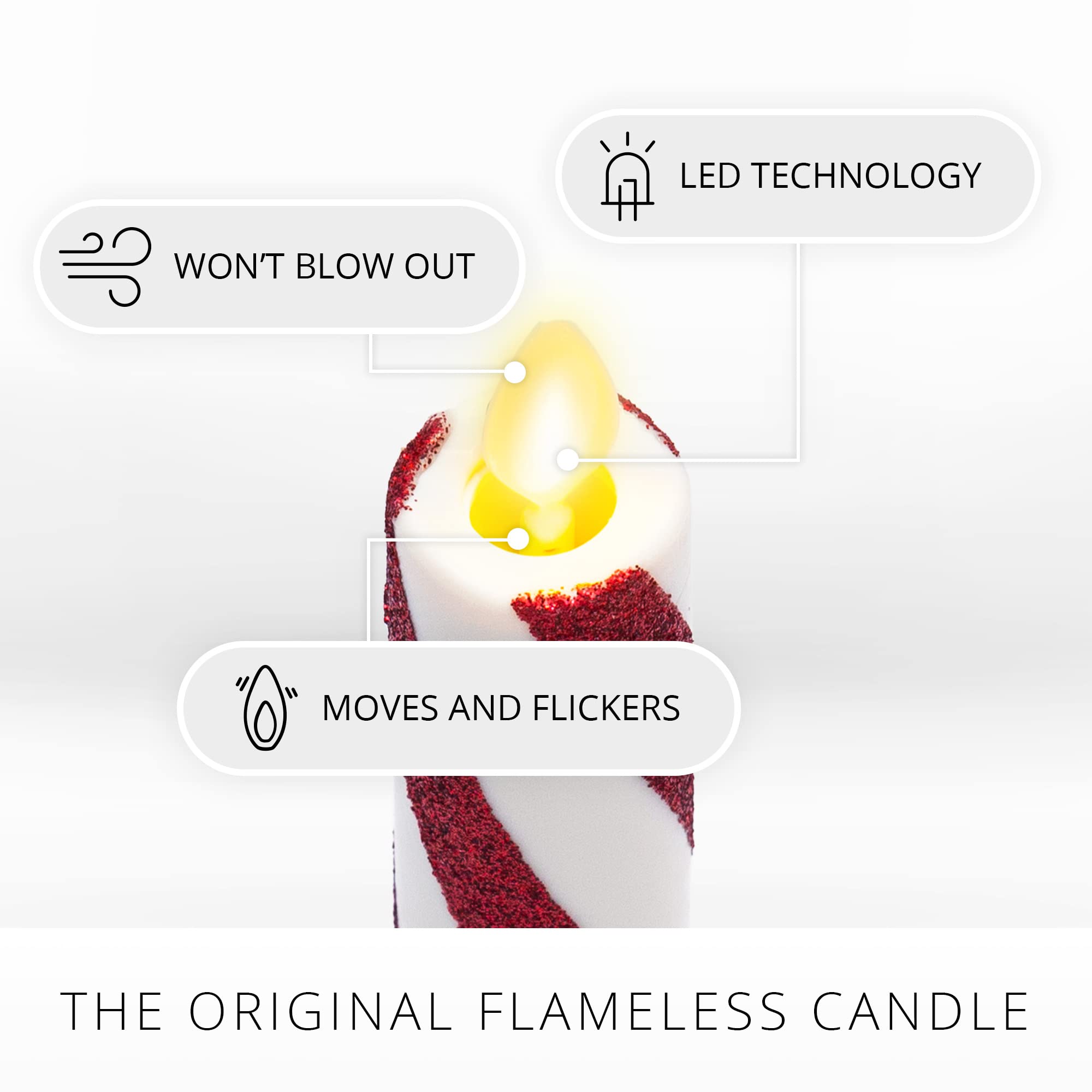 Luminara Set Of 2 Moving Flame Led Taper (1X9.75), Flameless Candle, Melted Edge, Smooth Wax, Unscented (Candy Cane Red)