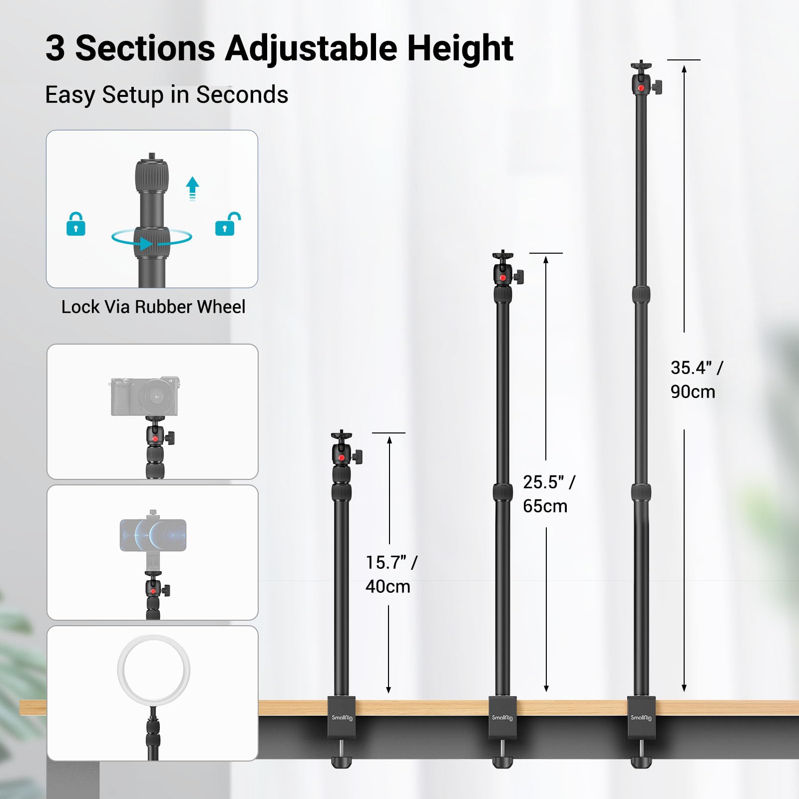 SmallRig Adjustable Camera Desk Mount Stand 15-35, Black Tabletop C Clamp for DSLR, Ring Light, Live Streaming, Photo Video Shooting