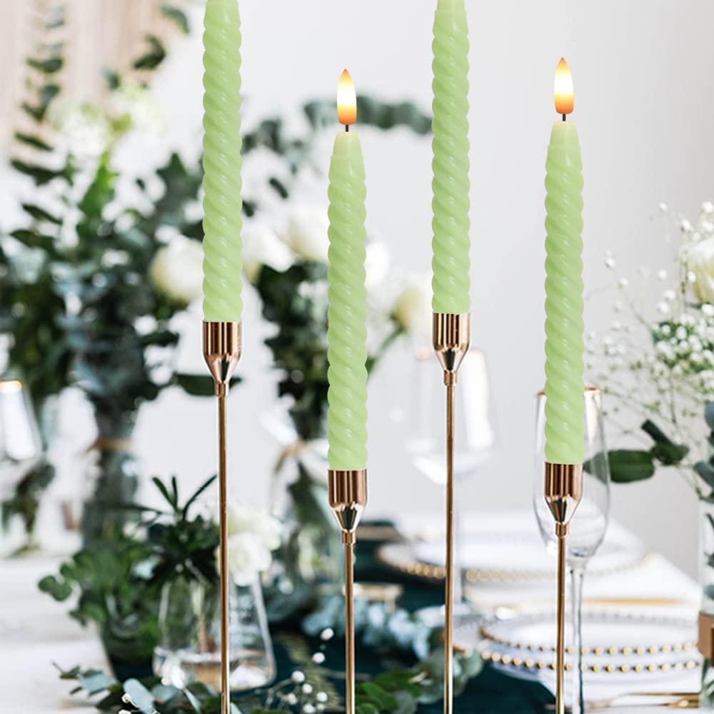 Lasumora Easter Taper Candles Green Pastel Flameless Flickering With Remote Timer, Battery Operated Warm 3D Wick Led Spiral Cand
