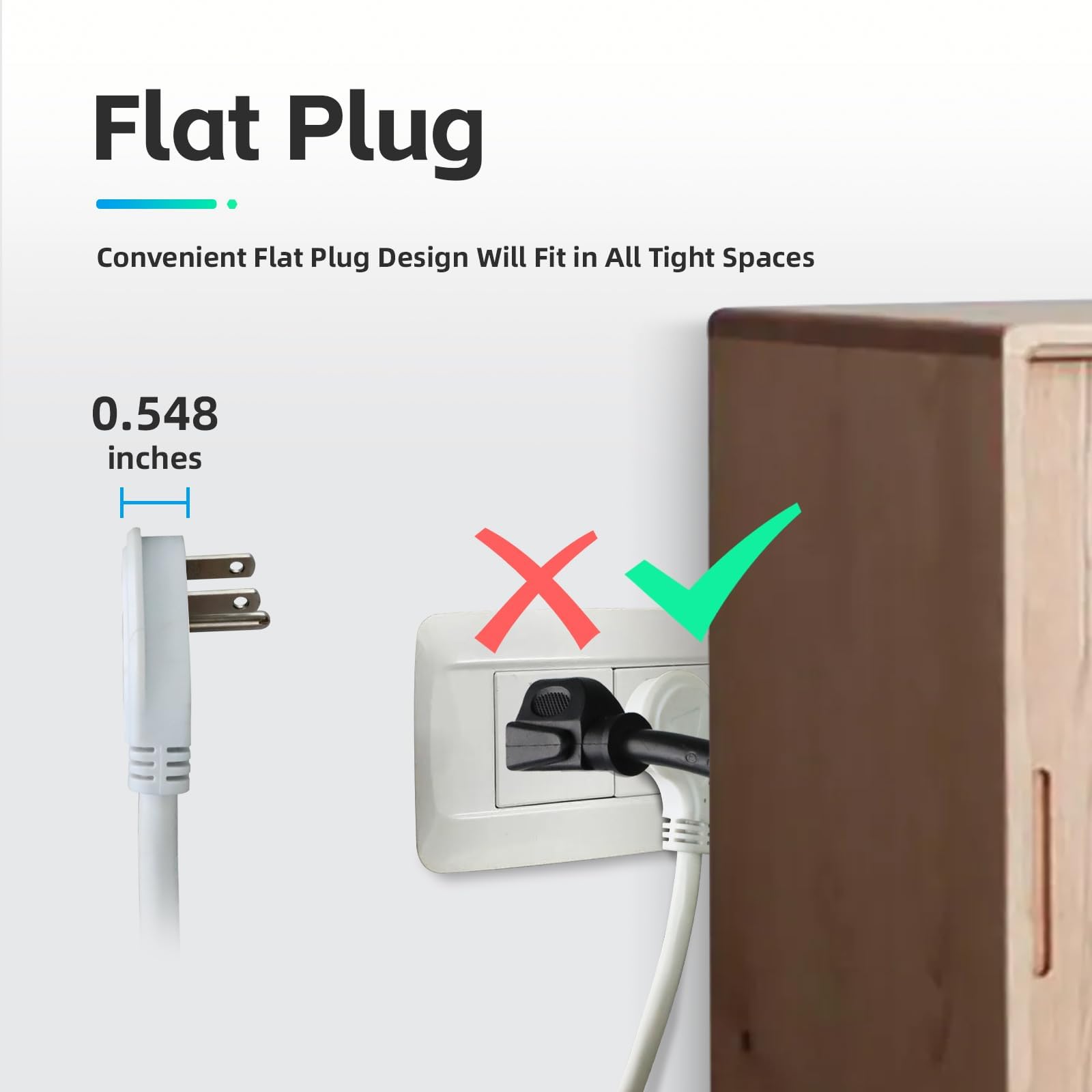 Ep Low Profile 10 Ft Flat Plug Extension Cord   16 Awg 3 Prong Grounded Cable With 3 Outlets, Perfect For Indoor Use, White, Ul