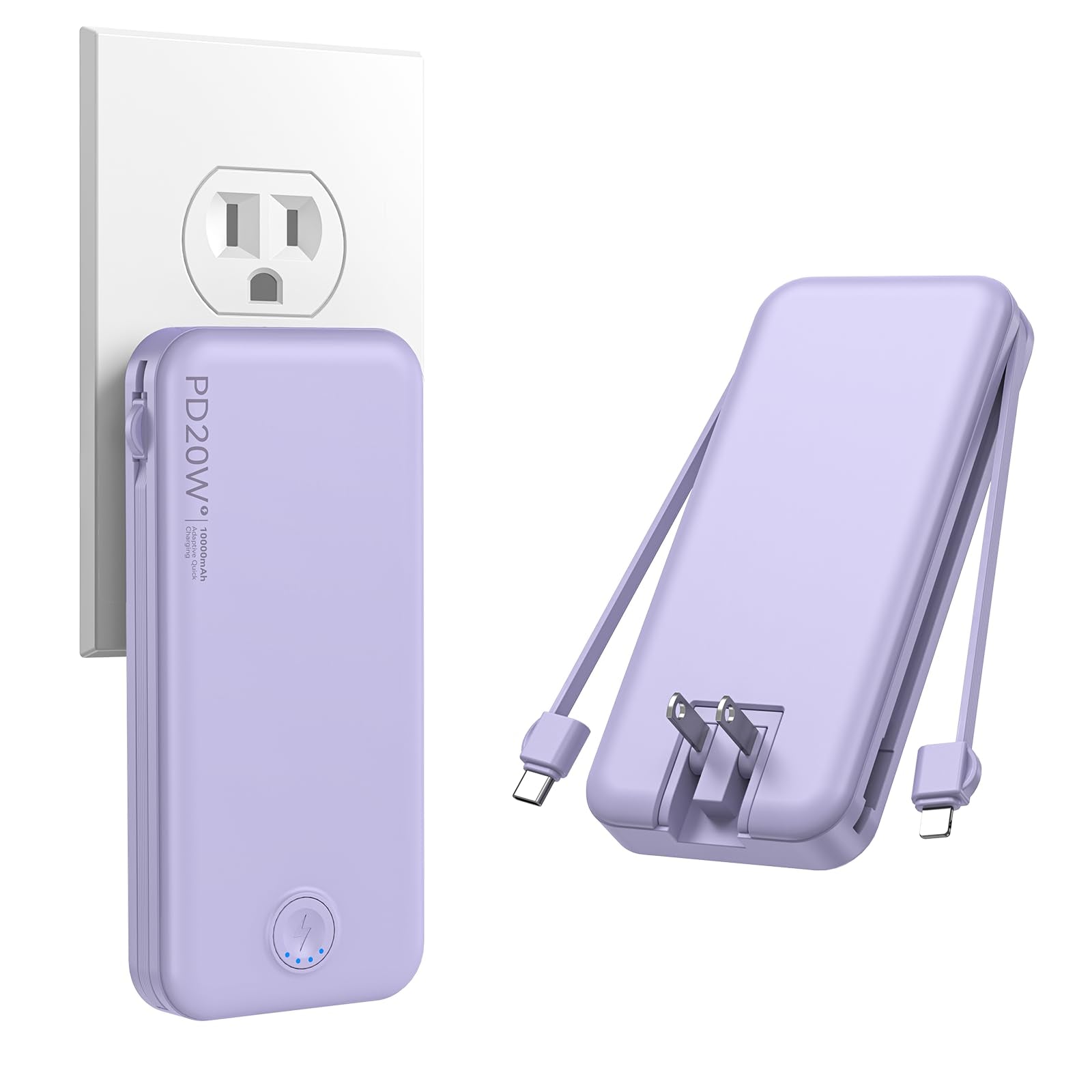 Nusyddy Portable Charger, 10000mAh PD20W Fast Charging Power Bank with Built-in Cables & Wall Plug, Travel Essential External Ba